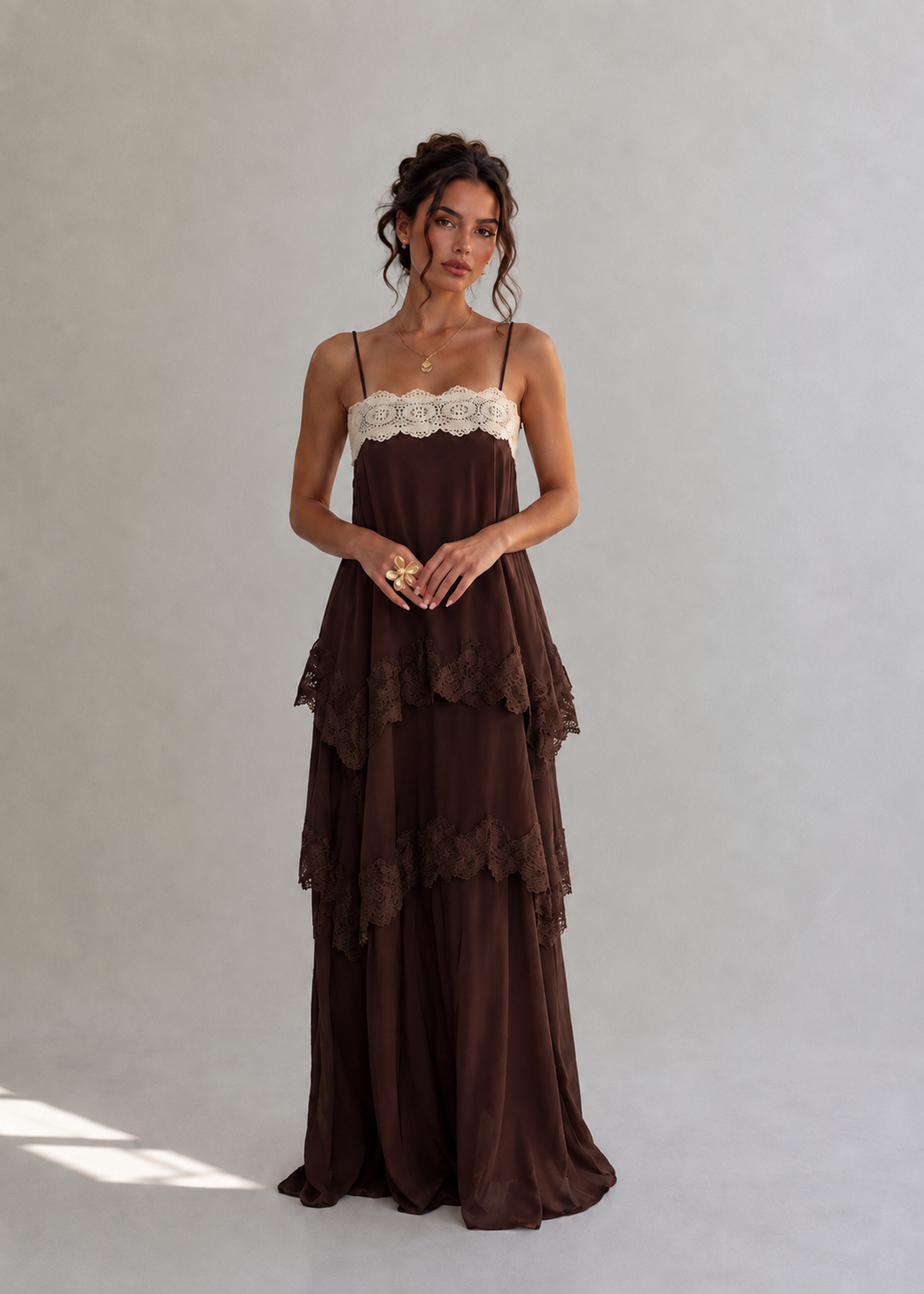Joyce Lace Tiered Maxi Dress - Brown