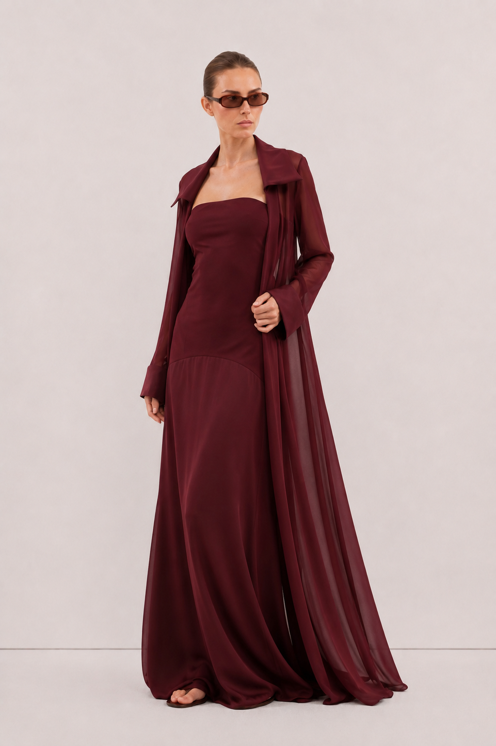 Amaya Satin Mesh Maxi Dress Set - Burgundy