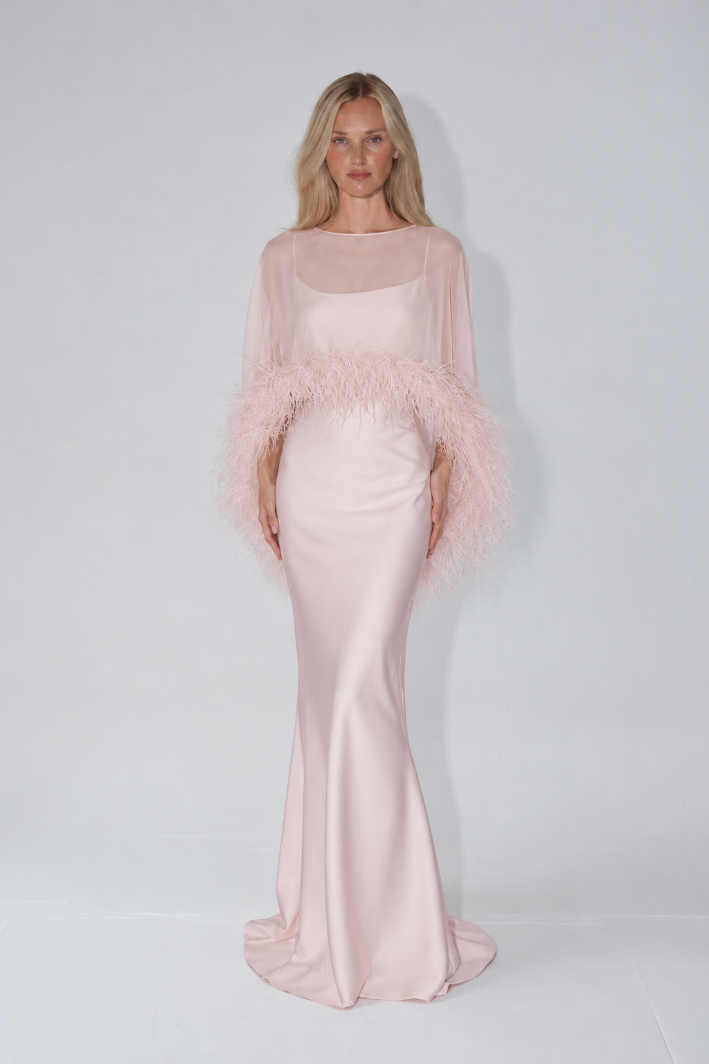 Amira Maxi Dress & Shawl Set with Feather Trim - Pink