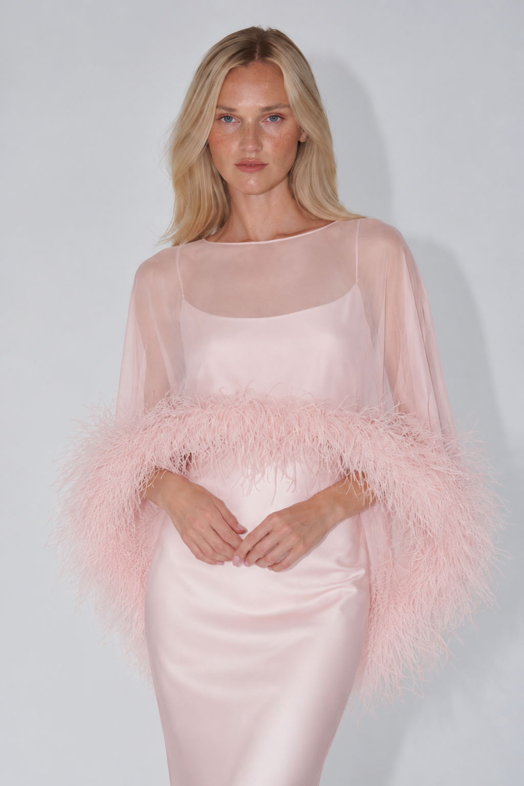 Amira Maxi Dress & Shawl Set with Feather Trim - Pink