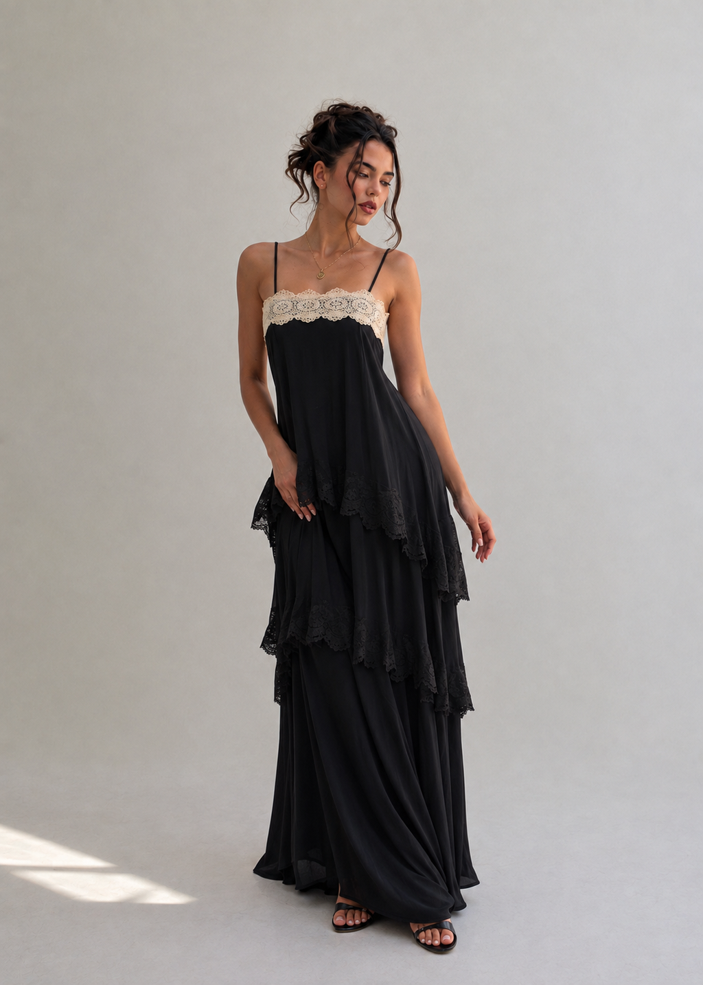 Joyce Lace Tiered Maxi Dress - Black