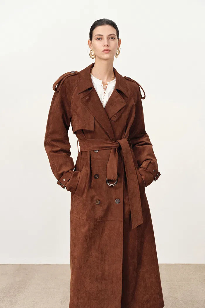 Tilda Detachable Epaulette  Trench Coat in Faux Suede