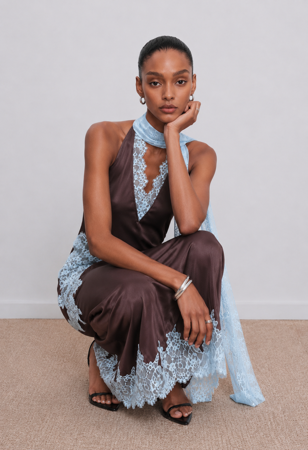 Kelsey Satin Lace Skirt - Brown
