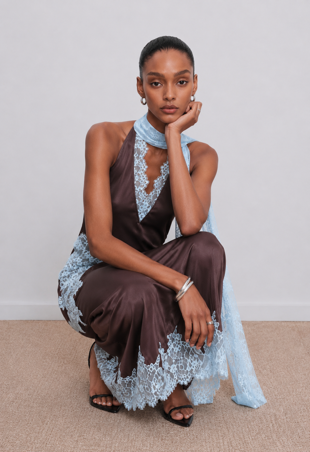 Kelsey Satin Lace Skirt - Brown