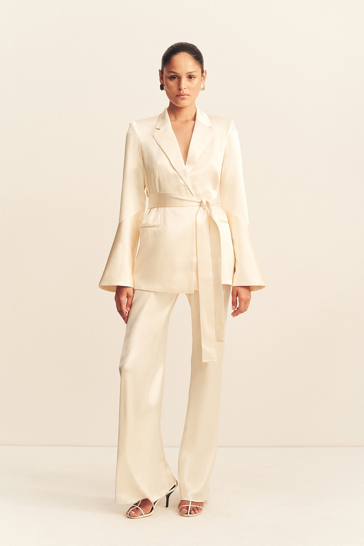 LA LUNE FLARED SLEEVE BELTED BLAZER - CREAM_F