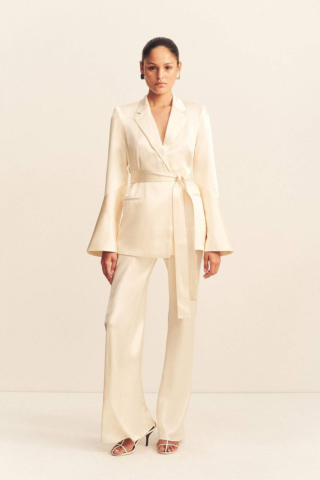 LA LUNE FLARED SLEEVE BELTED BLAZER - CREAM_F