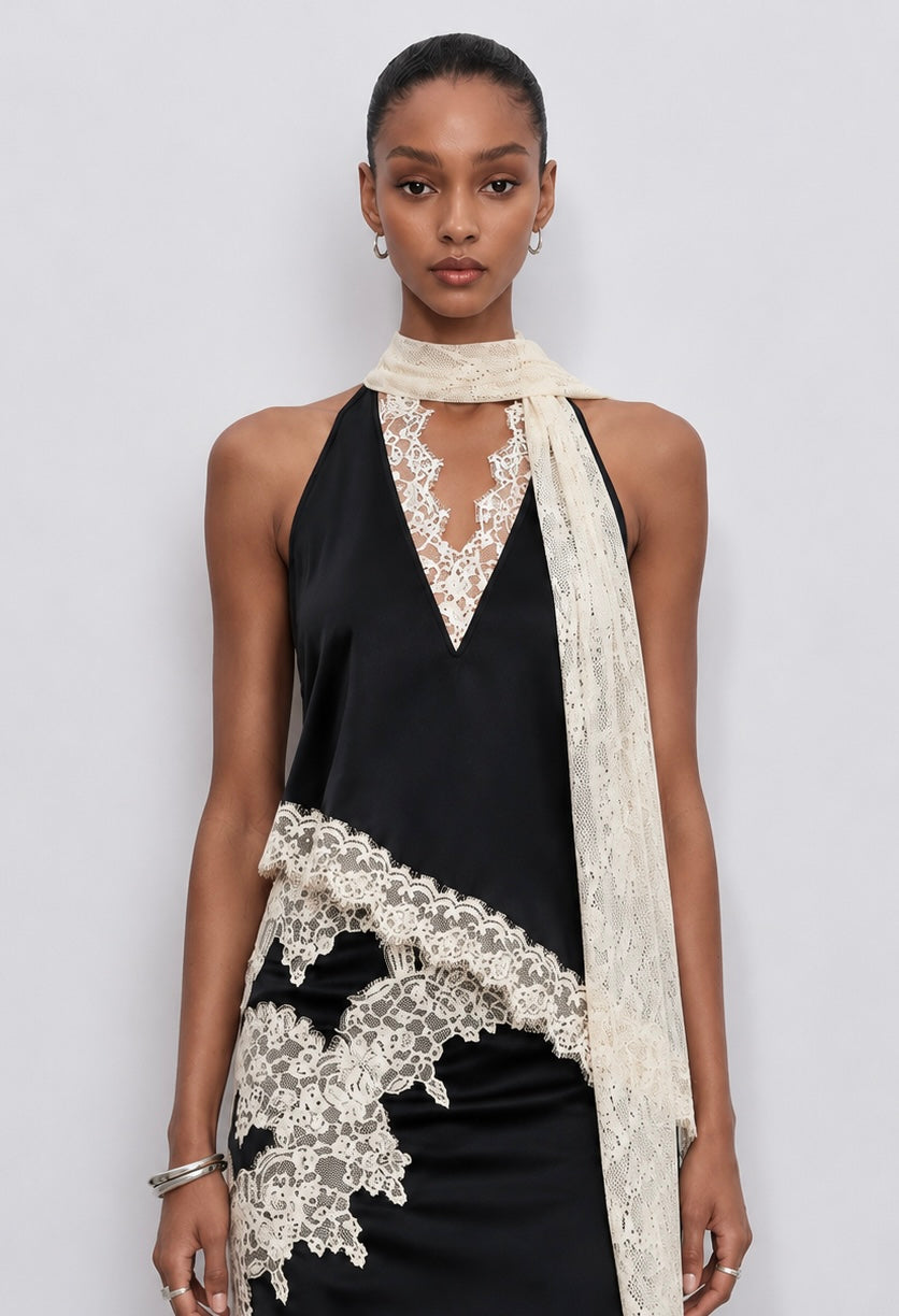 Kelsey Satin Lace Top - Black
