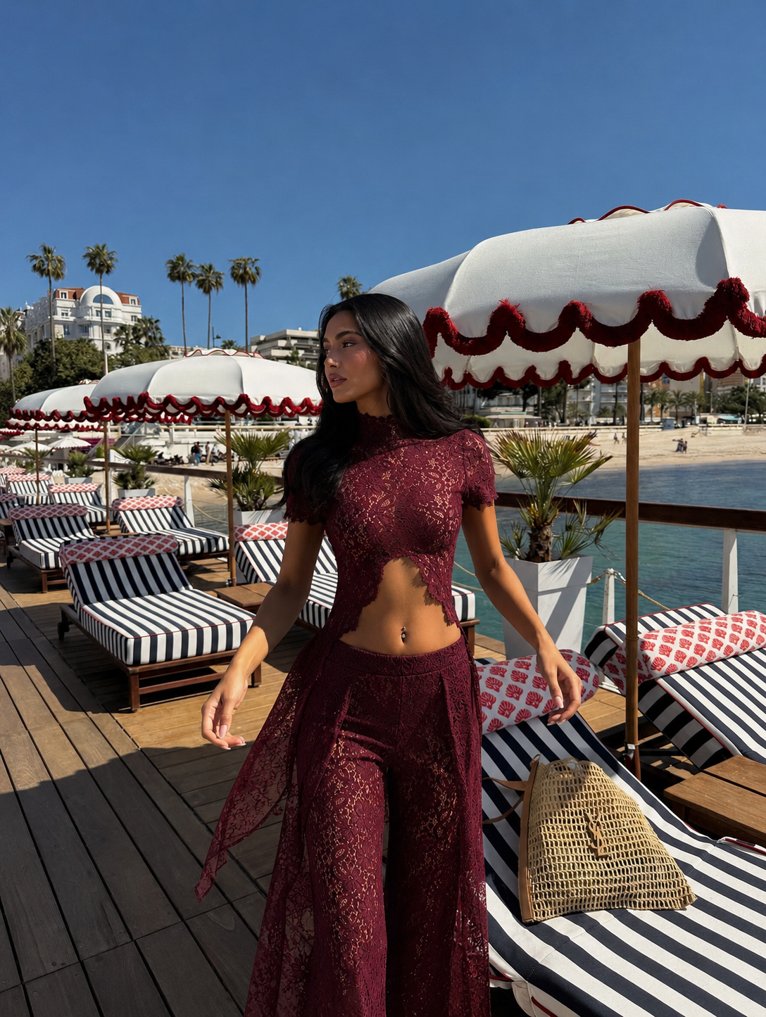 Loana Lace Top & Pants Set - Burgundy