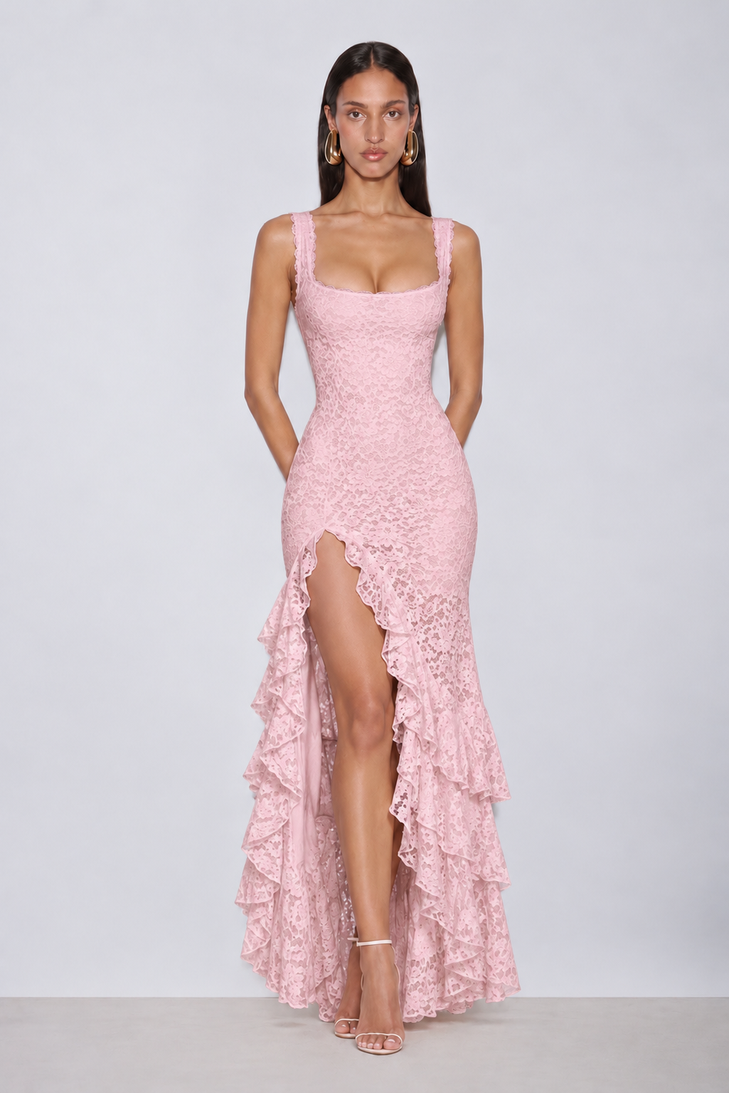Amelia Lace Ruffle Midi Dress - Pink