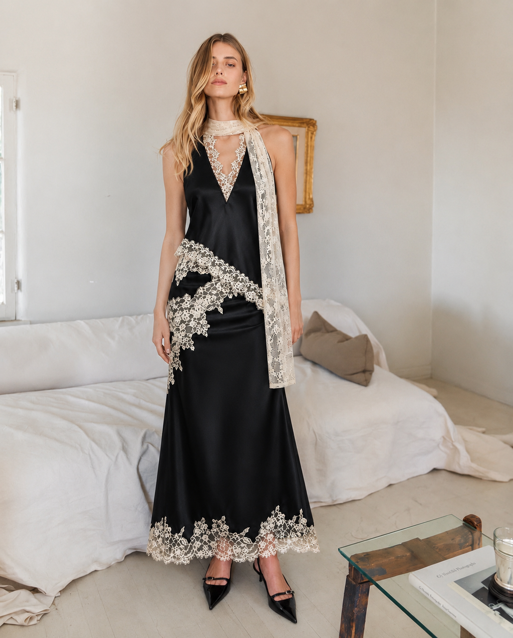 Kelsey Satin Lace Skirt - Black