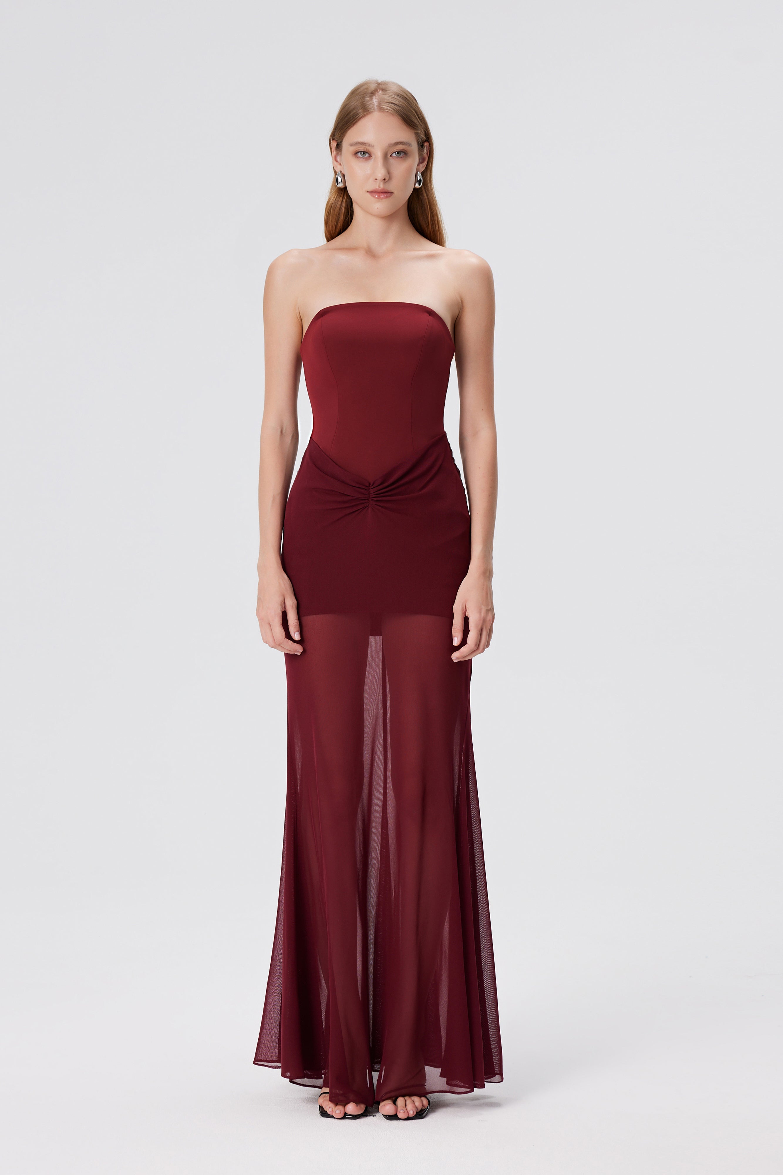 Giasa Strapless Draped Mesh Fishtail Gown - Red Berry
