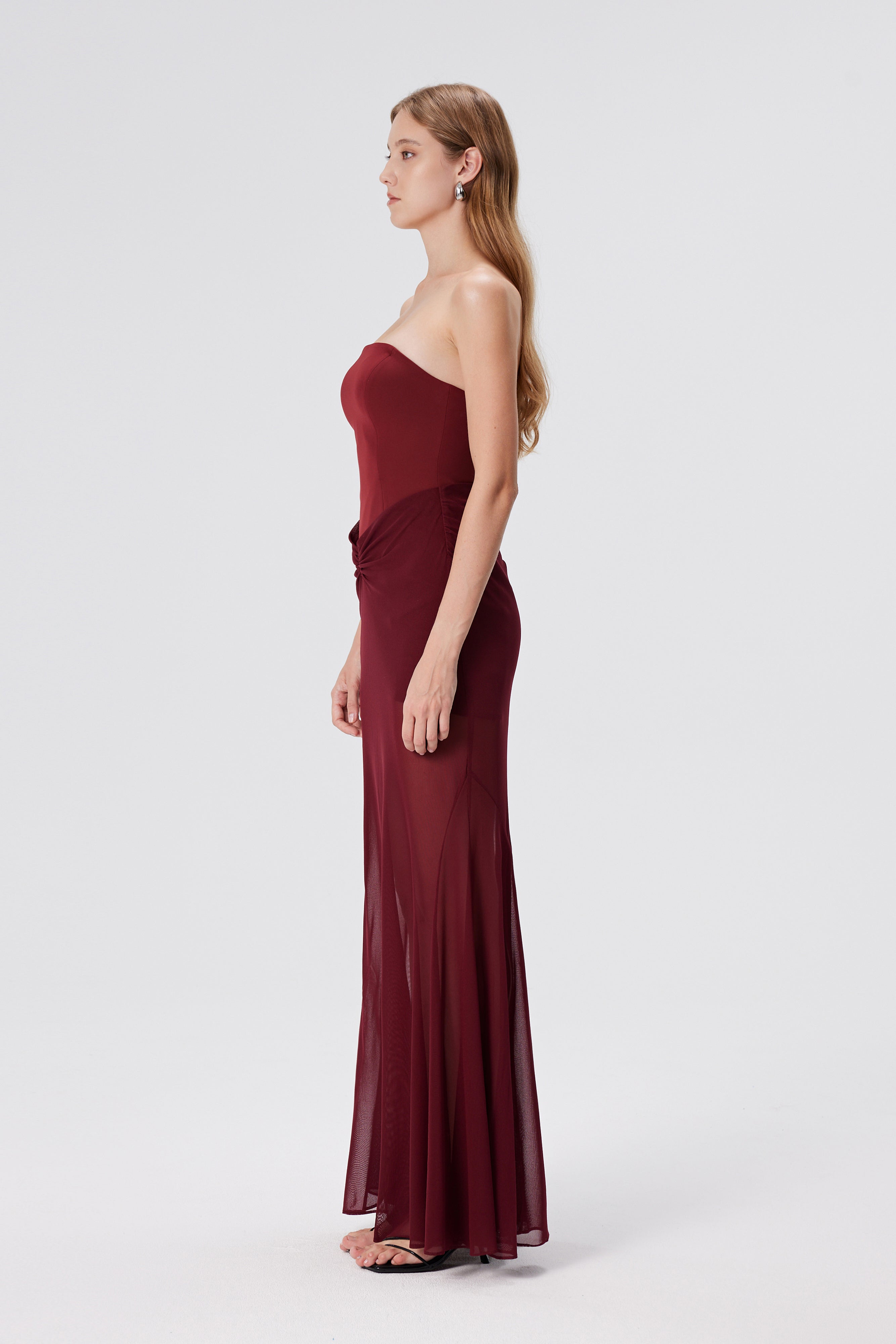 Giasa Strapless Draped Mesh Fishtail Gown - Red Berry