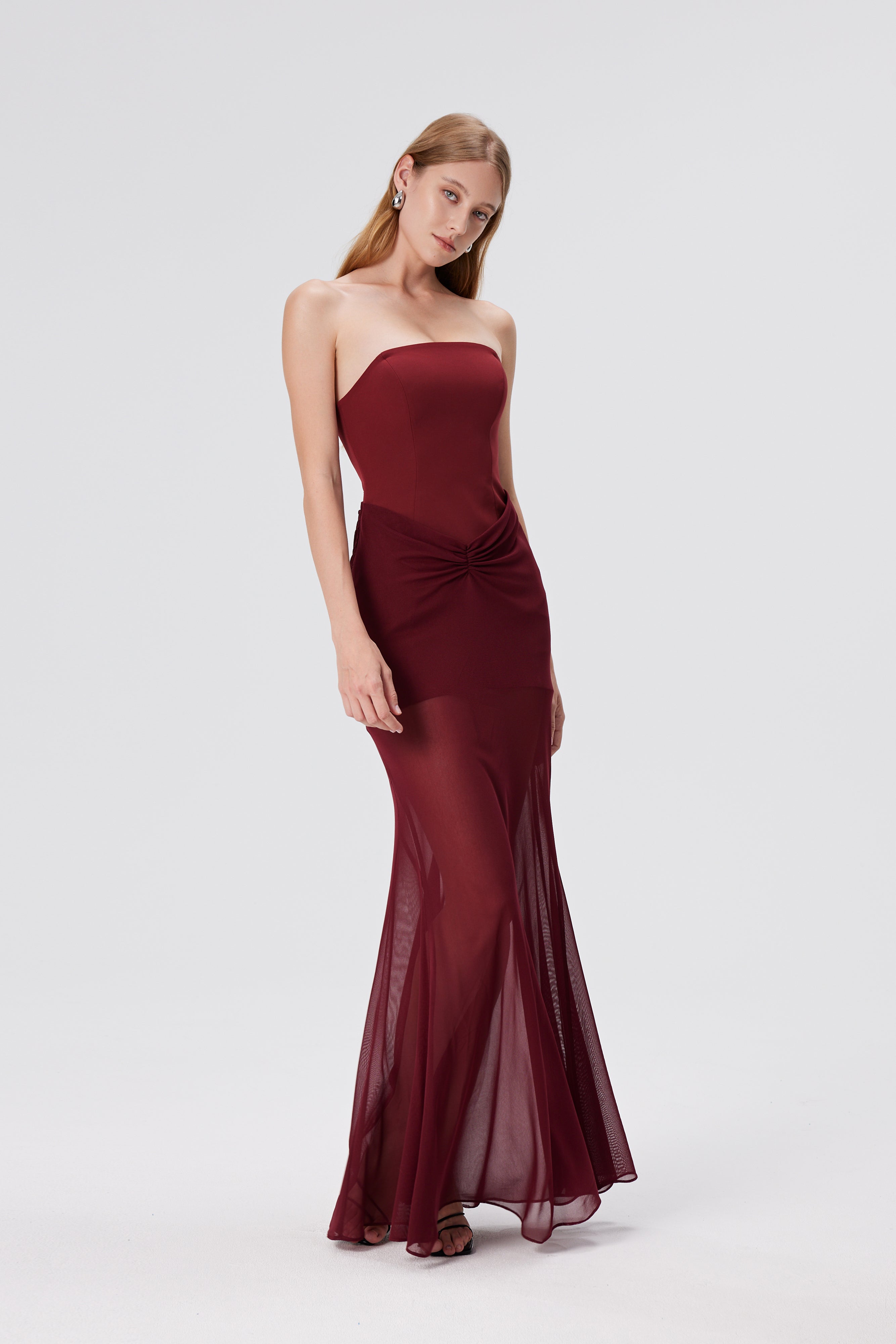 Giasa Strapless Draped Mesh Fishtail Gown - Red Berry
