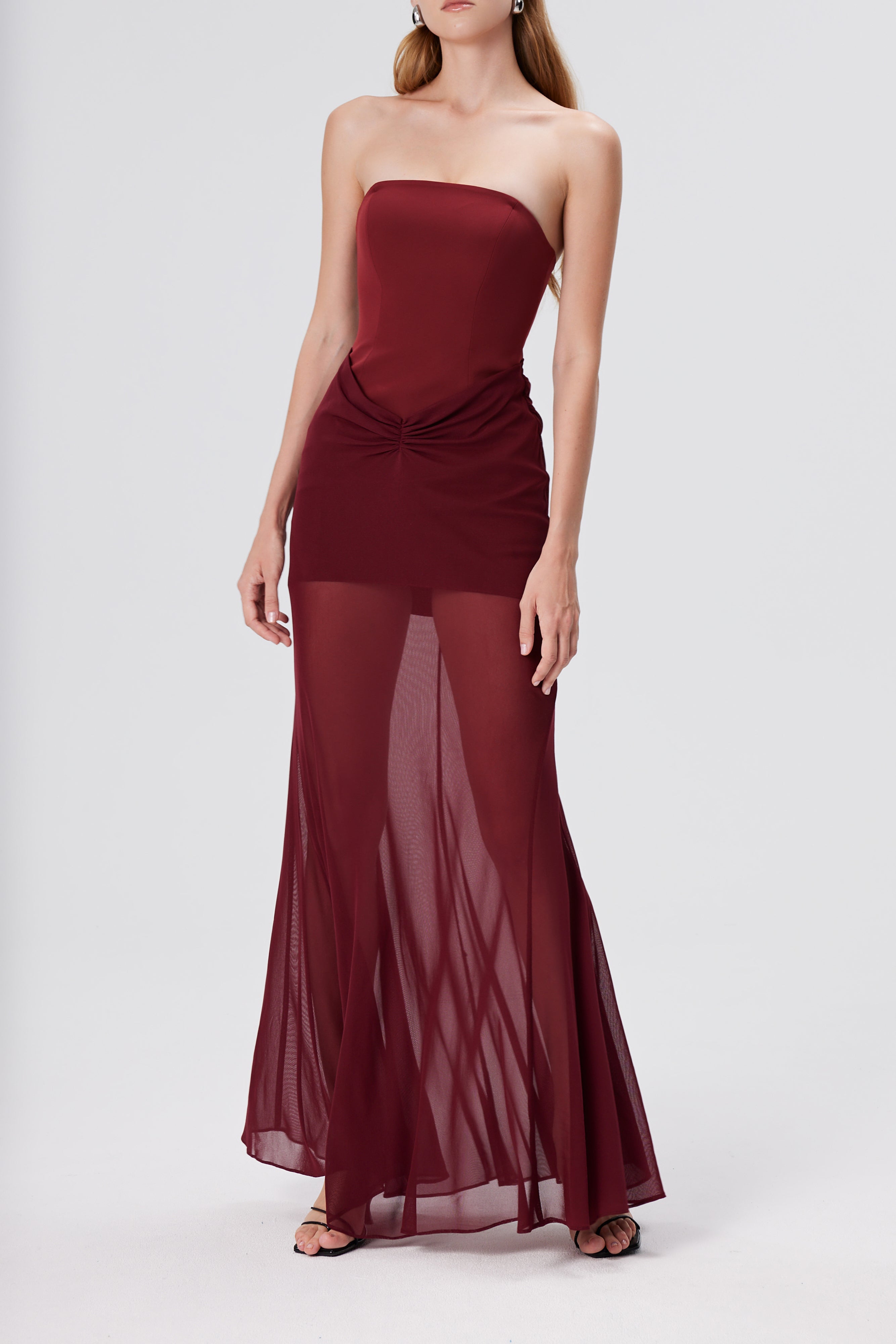 Giasa Strapless Draped Mesh Fishtail Gown - Red Berry
