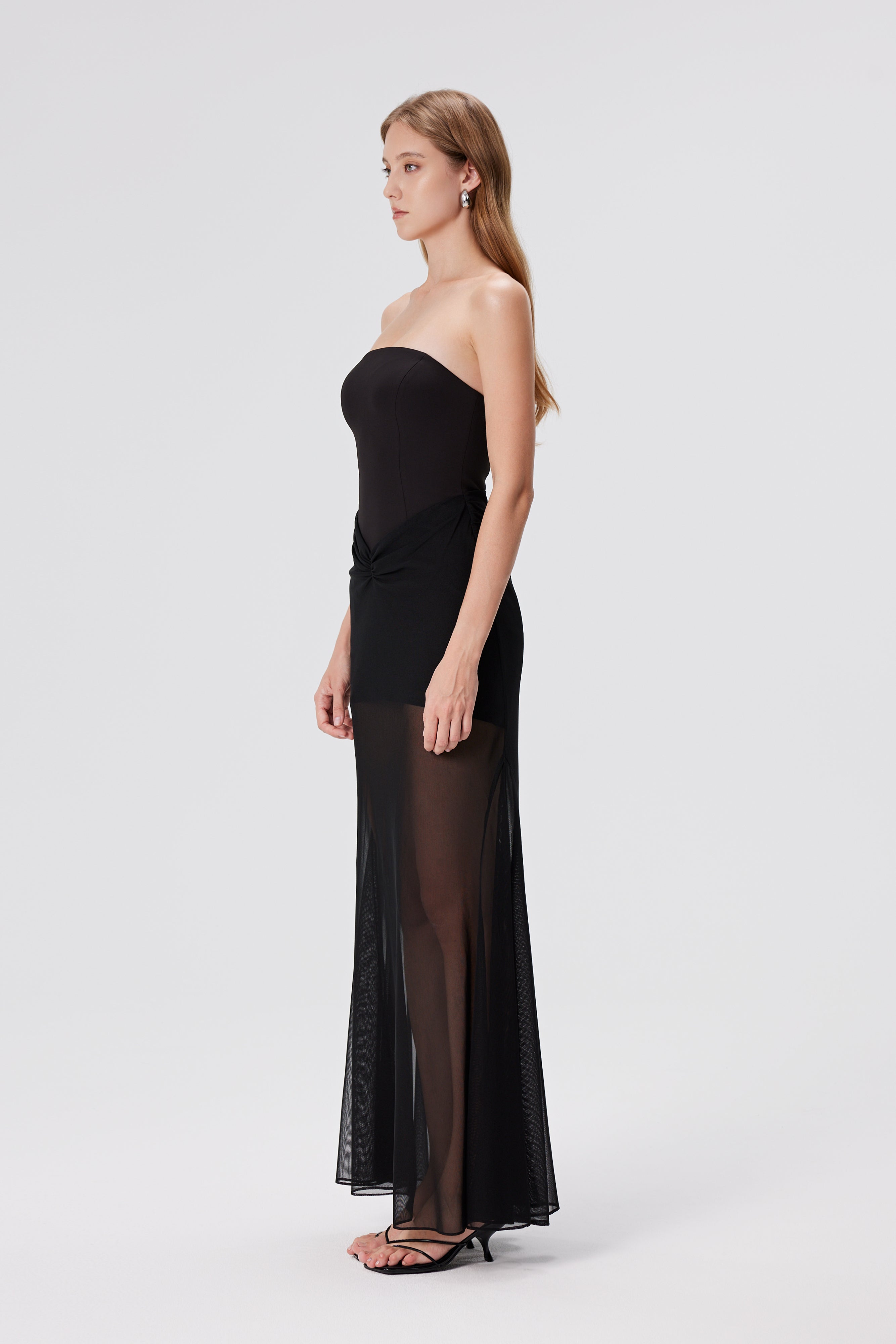 Giasa Strapless Draped Mesh Fishtail Gown - Black