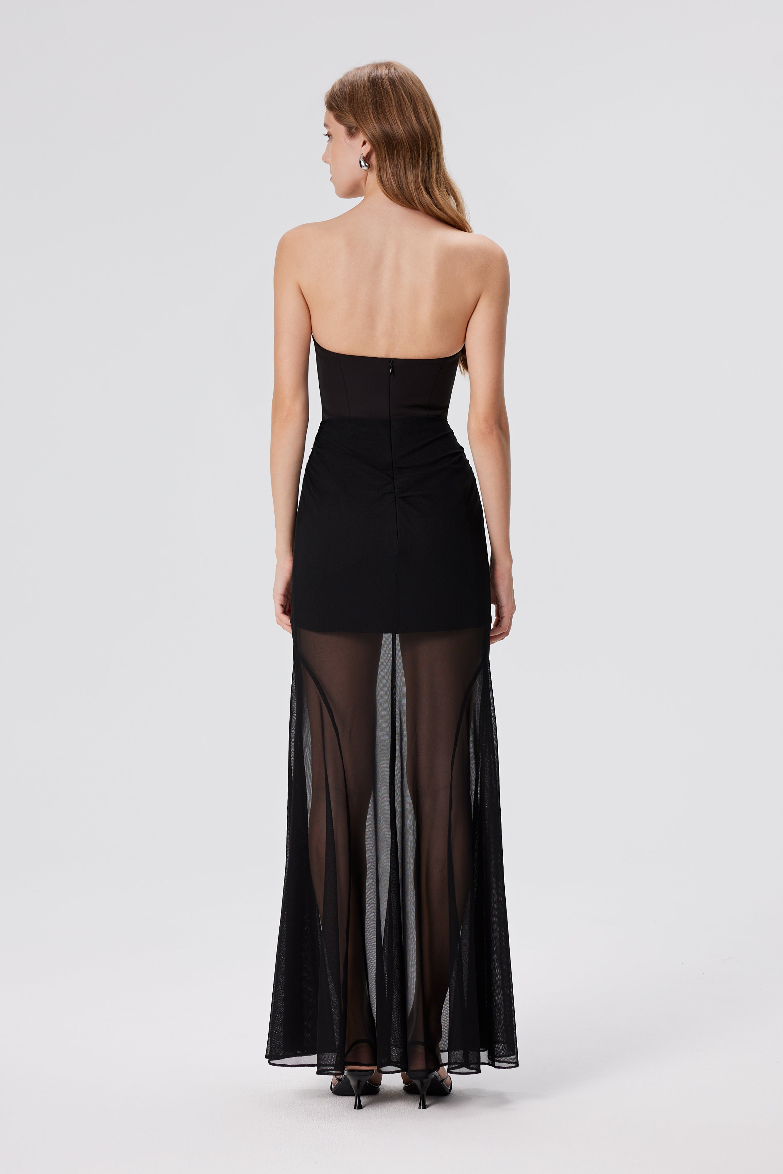Giasa Strapless Draped Mesh Fishtail Gown - Black