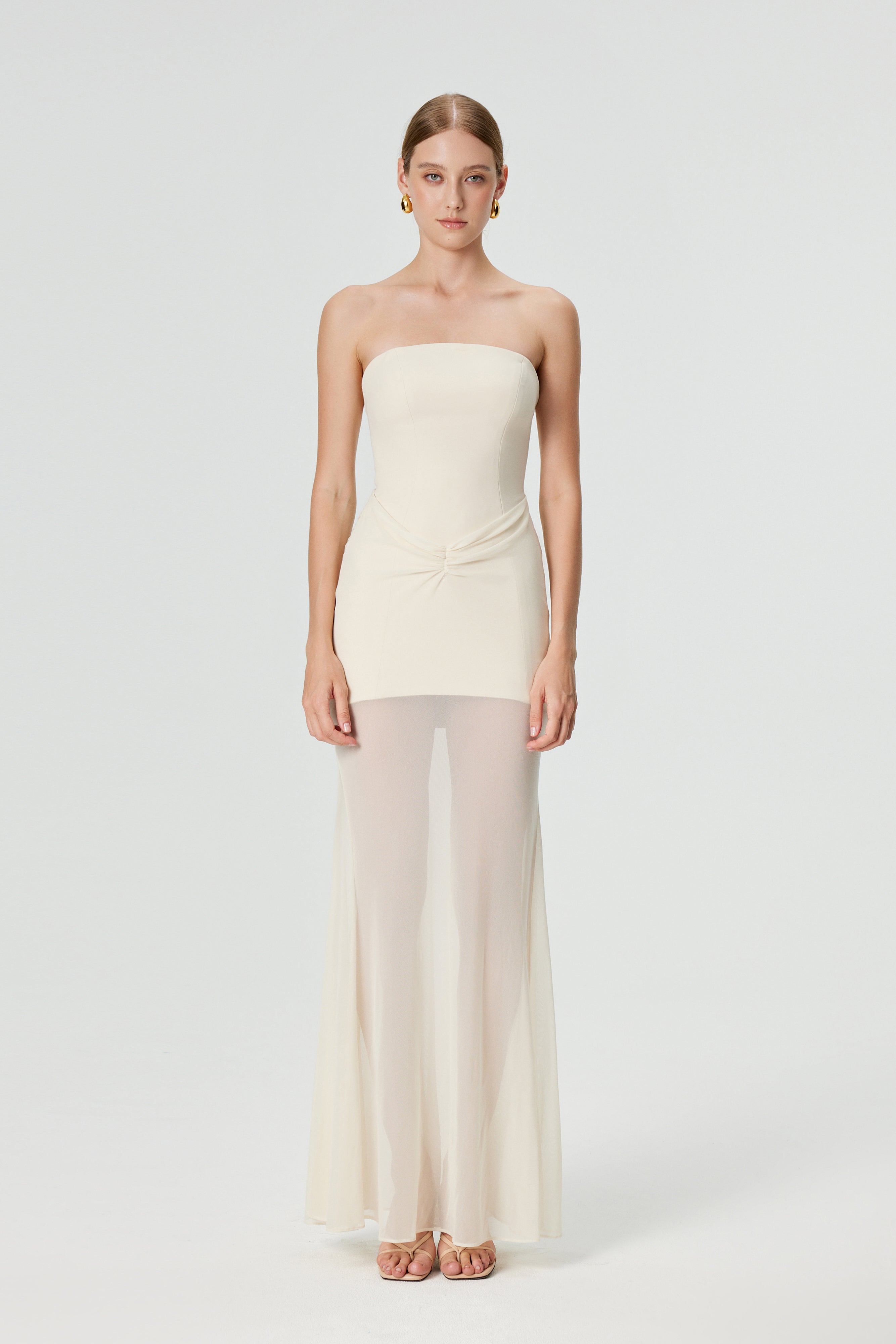 Giasa Strapless Draped Mesh Fishtail Gown - Cream