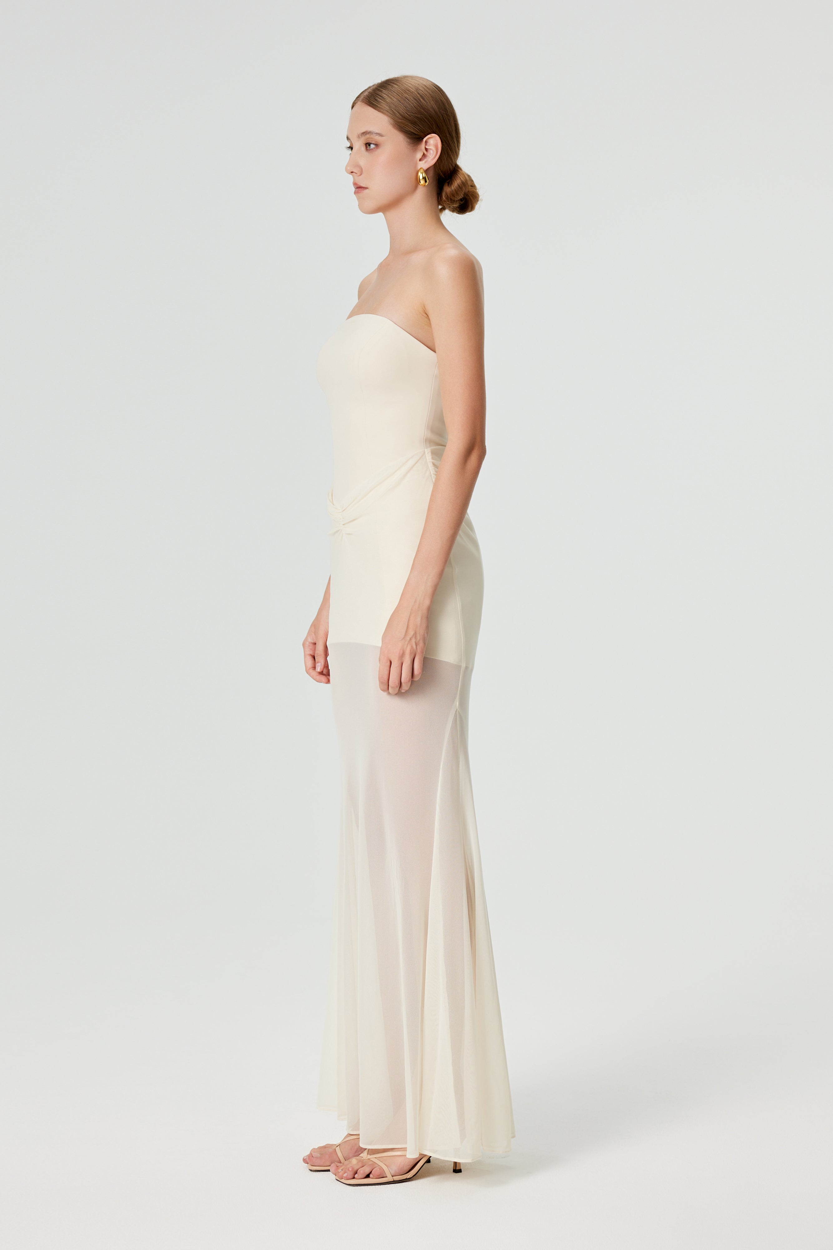 Giasa Strapless Draped Mesh Fishtail Gown - Cream