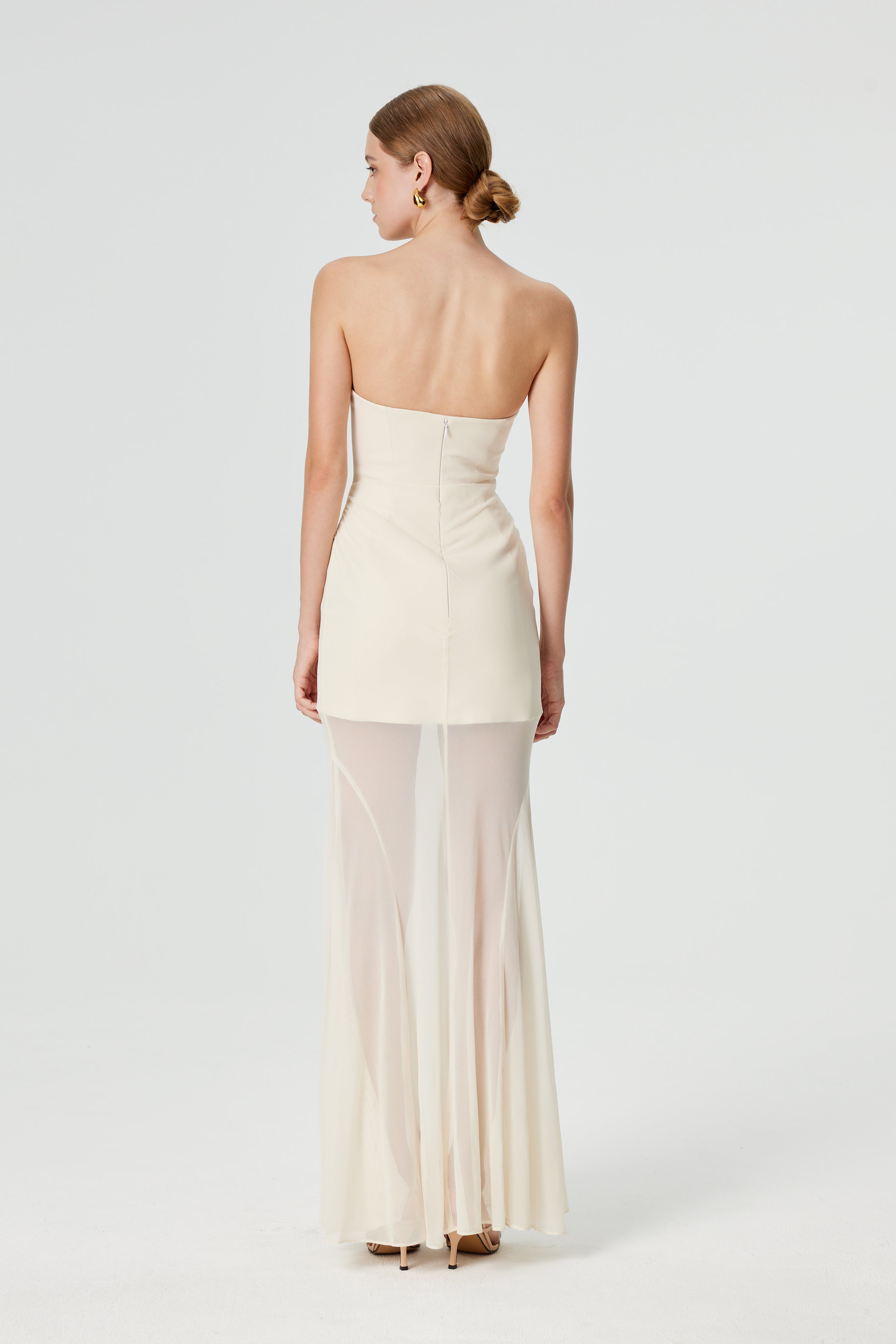 Giasa Strapless Draped Mesh Fishtail Gown - Cream