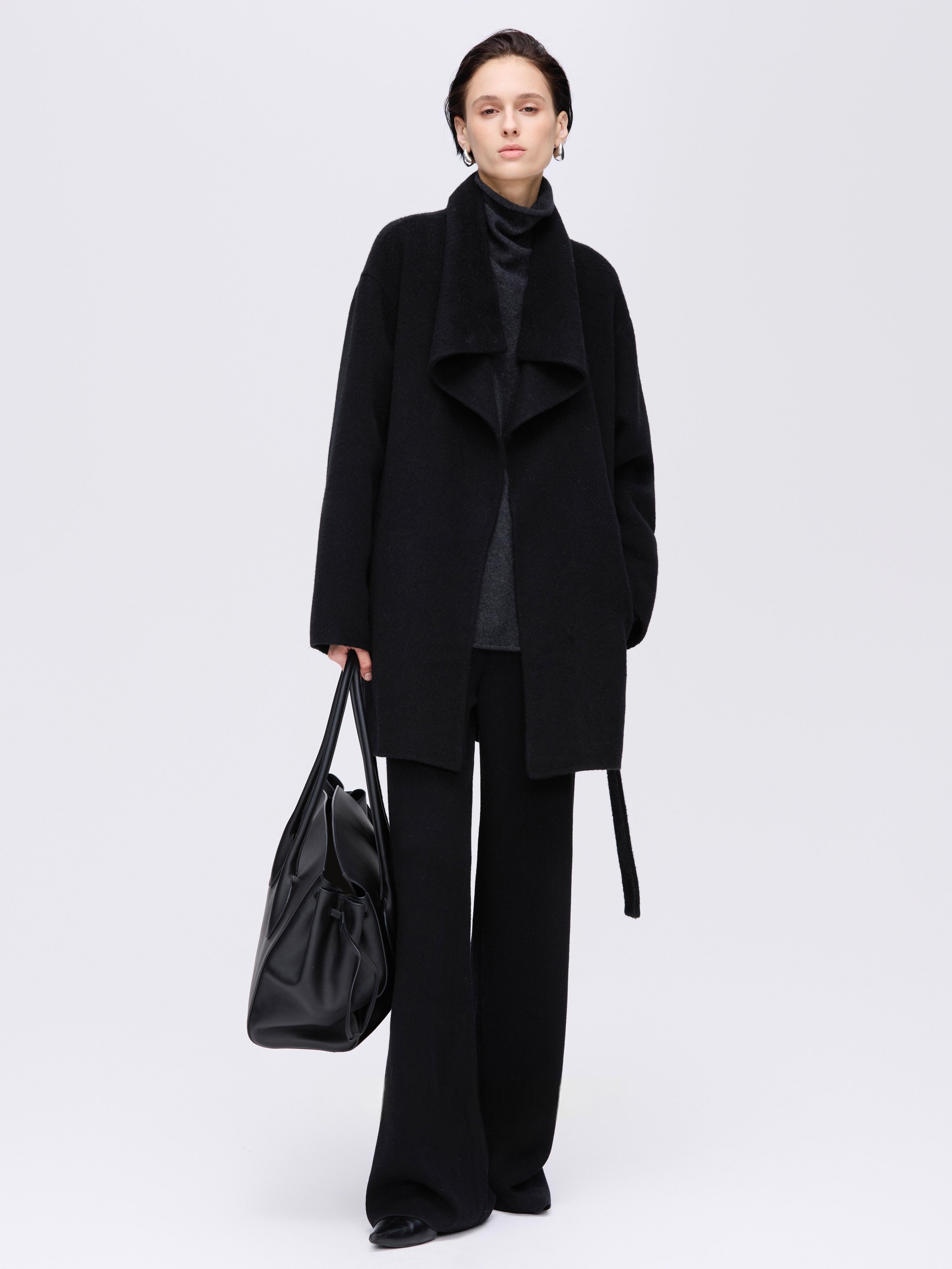 High-Neck Belted Wool Coat - Black