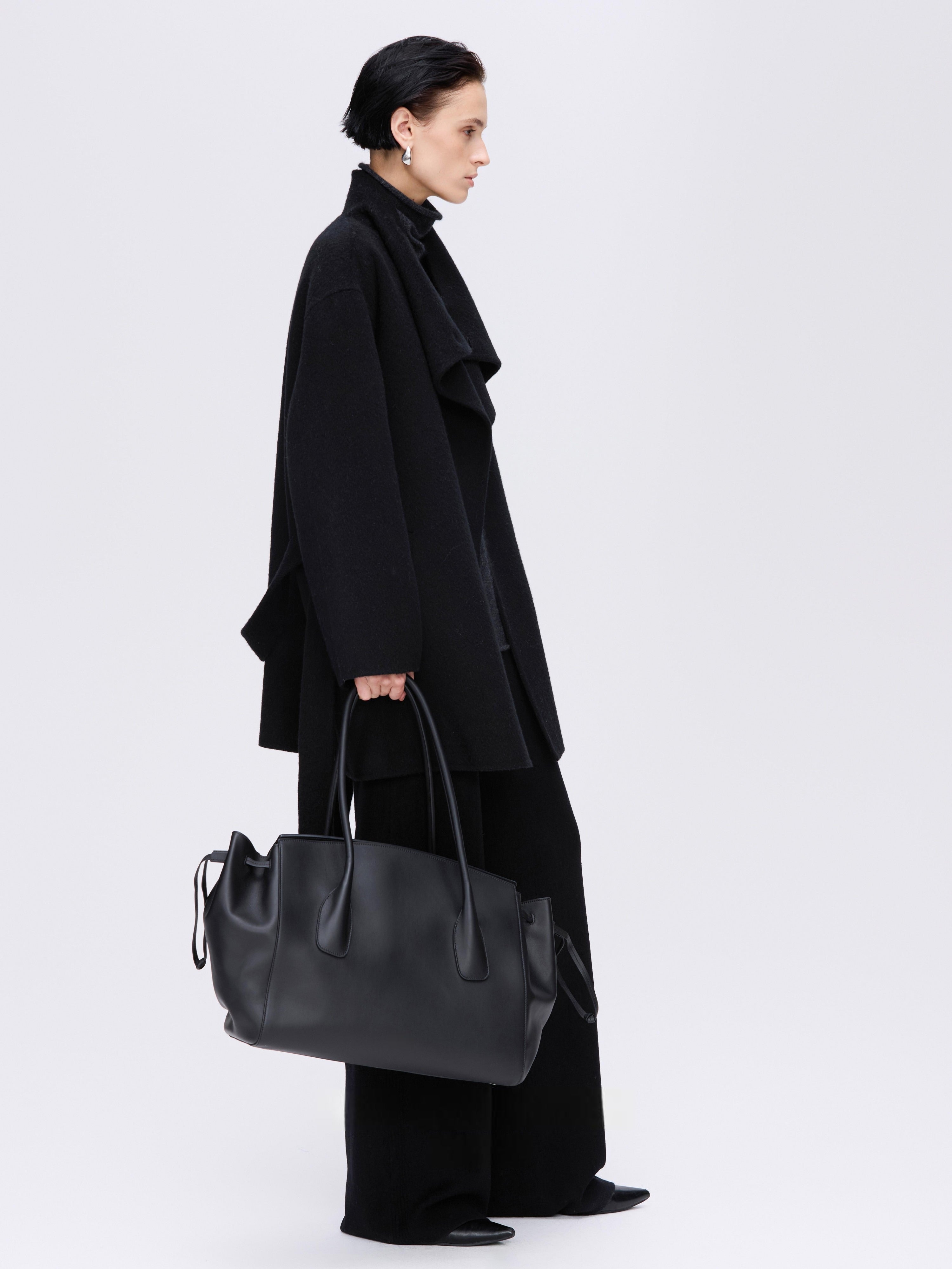 High-Neck Belted Wool Coat - Black