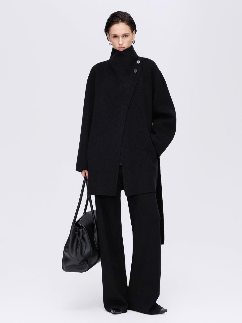 High-Neck Belted Wool Coat - Black