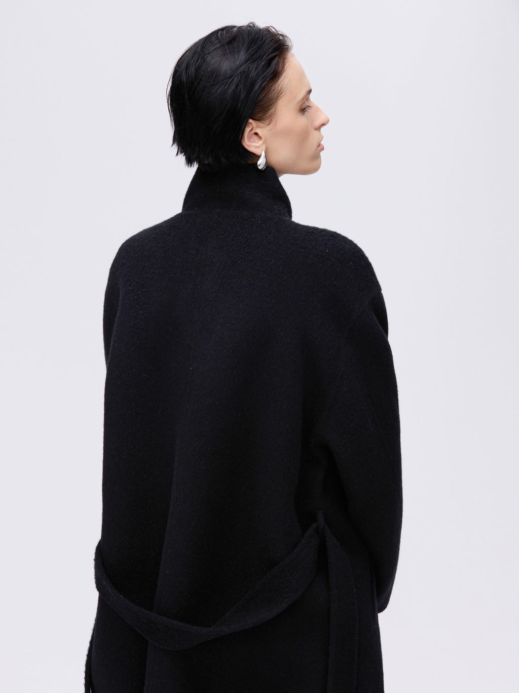High-Neck Belted Wool Coat - Black