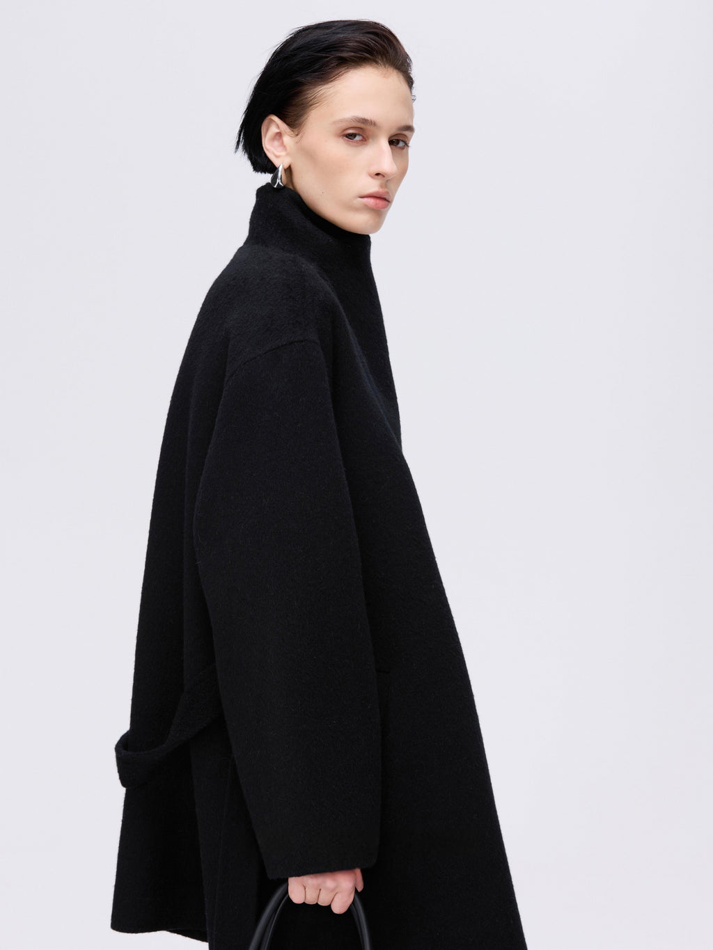 High-Neck Belted Wool Coat - Black