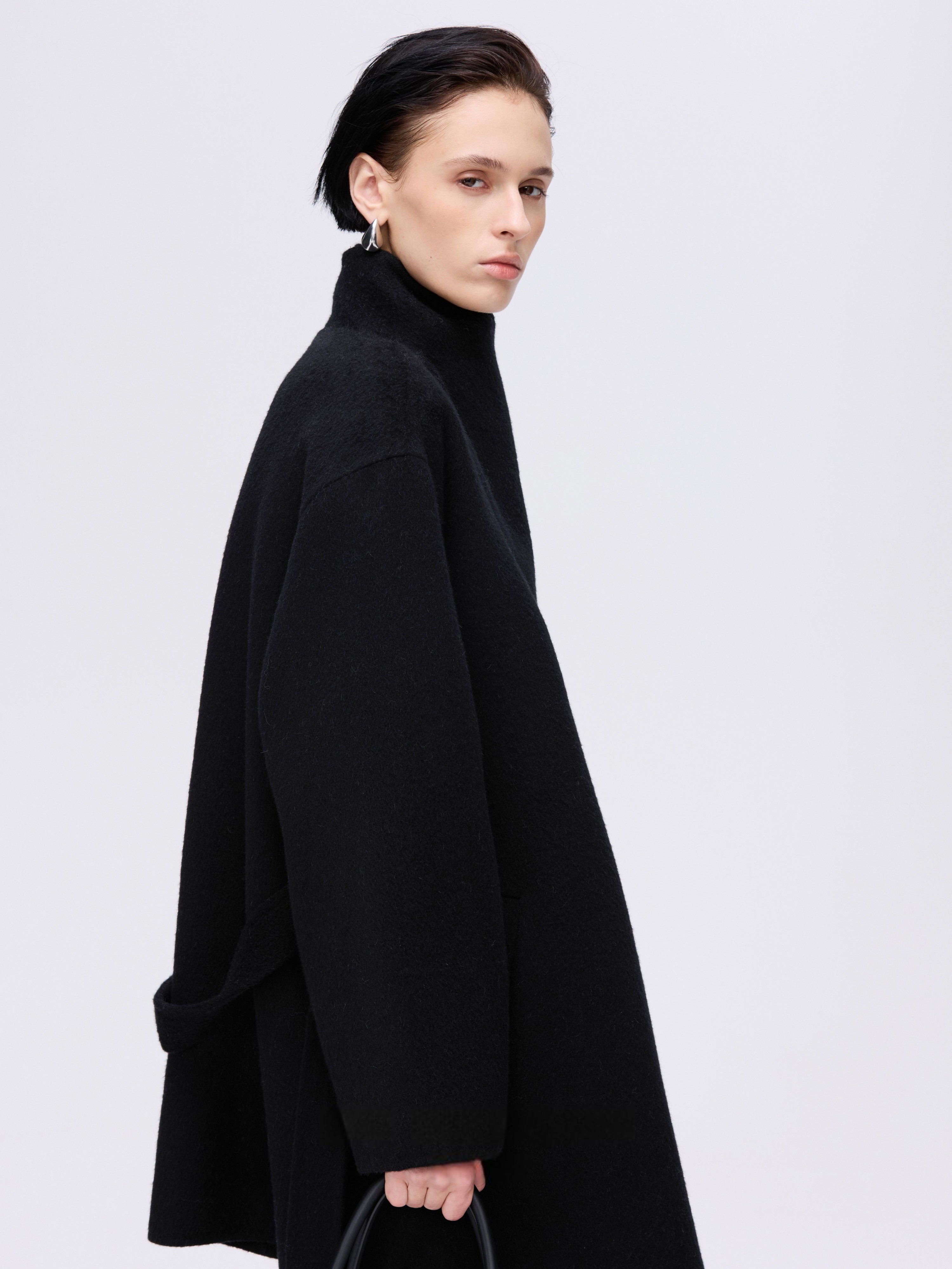 High-Neck Belted Wool Coat - Black