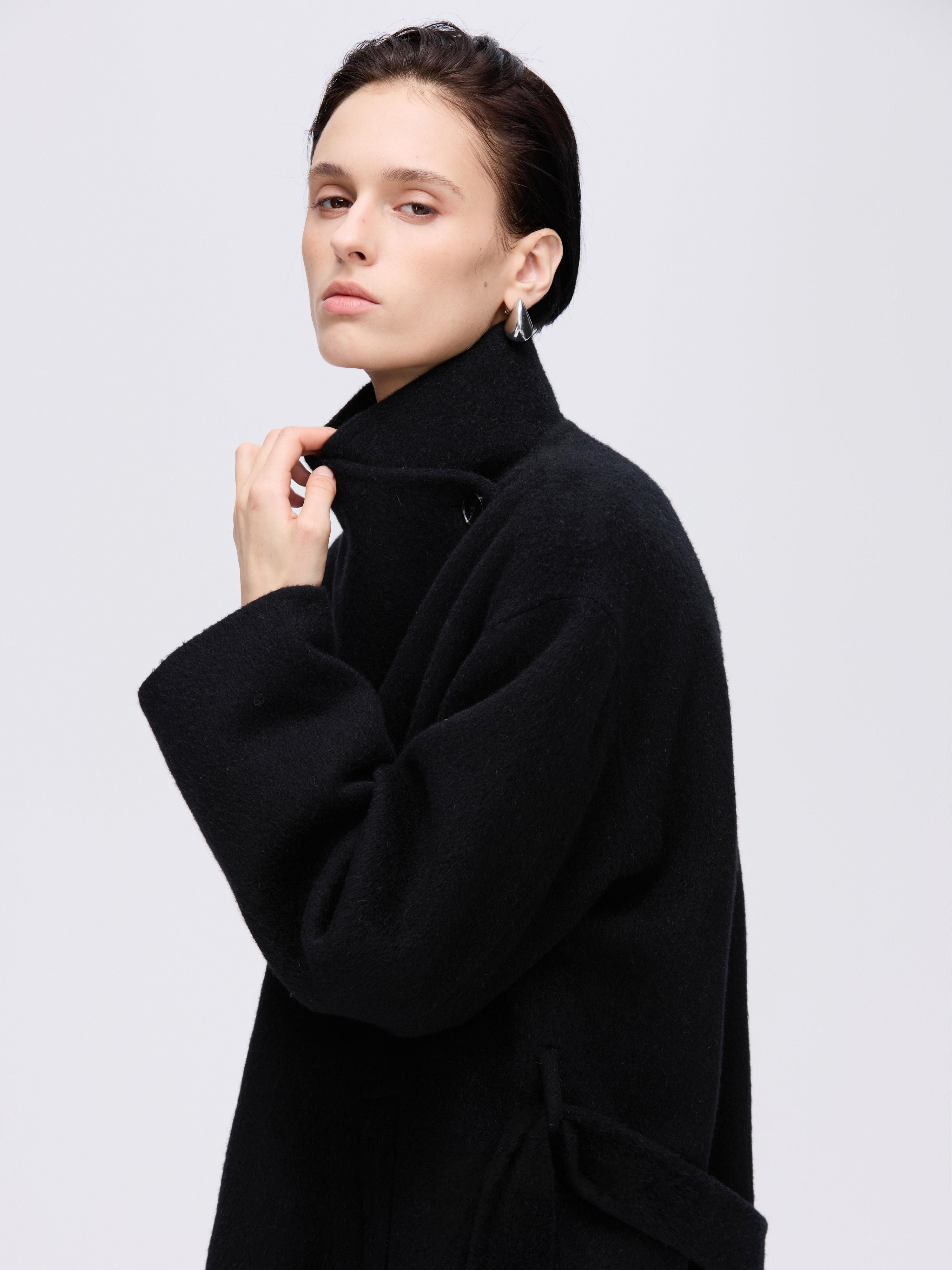 High-Neck Belted Wool Coat - Black