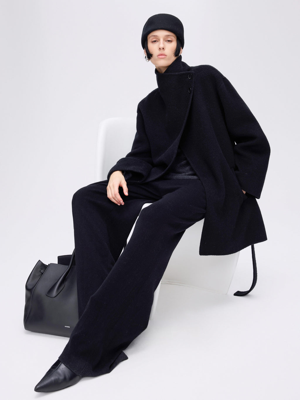 High-Neck Belted Wool Coat - Black