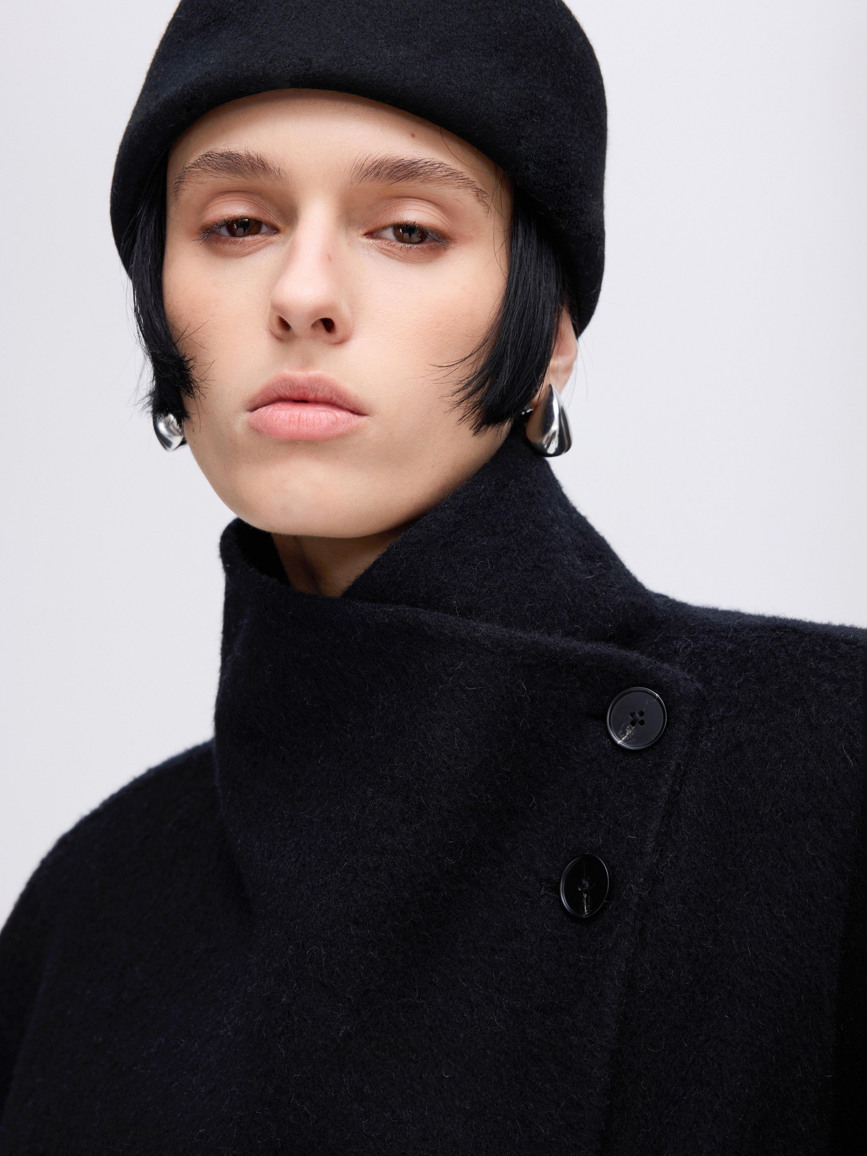 High-Neck Belted Wool Coat - Black