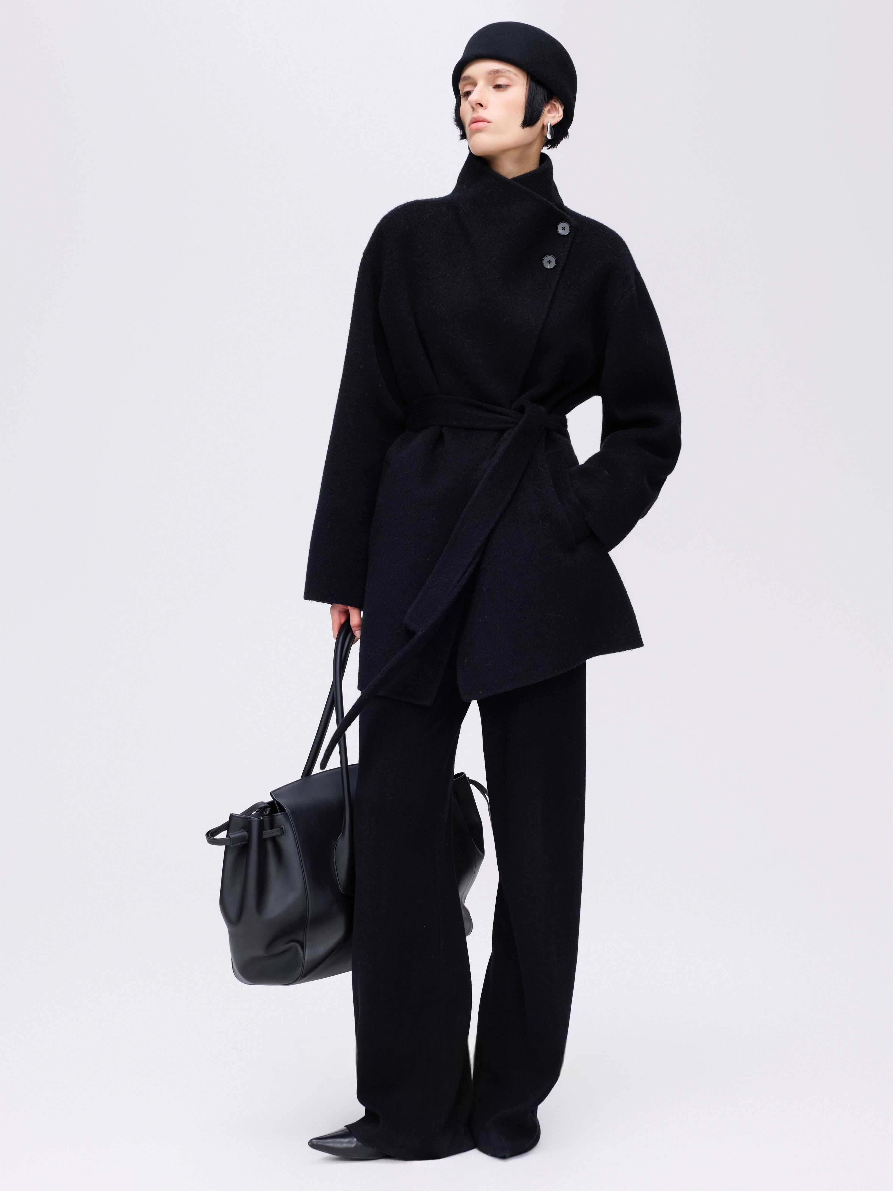 High-Neck Belted Wool Coat - Black