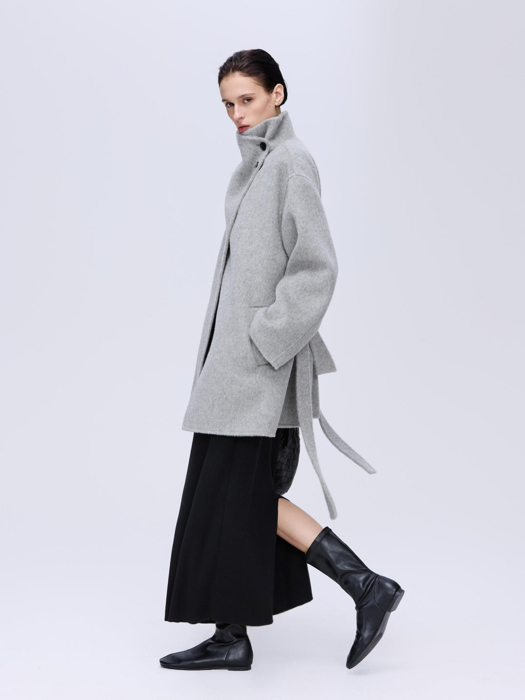 High-Neck Belted Wool Coat - Grey