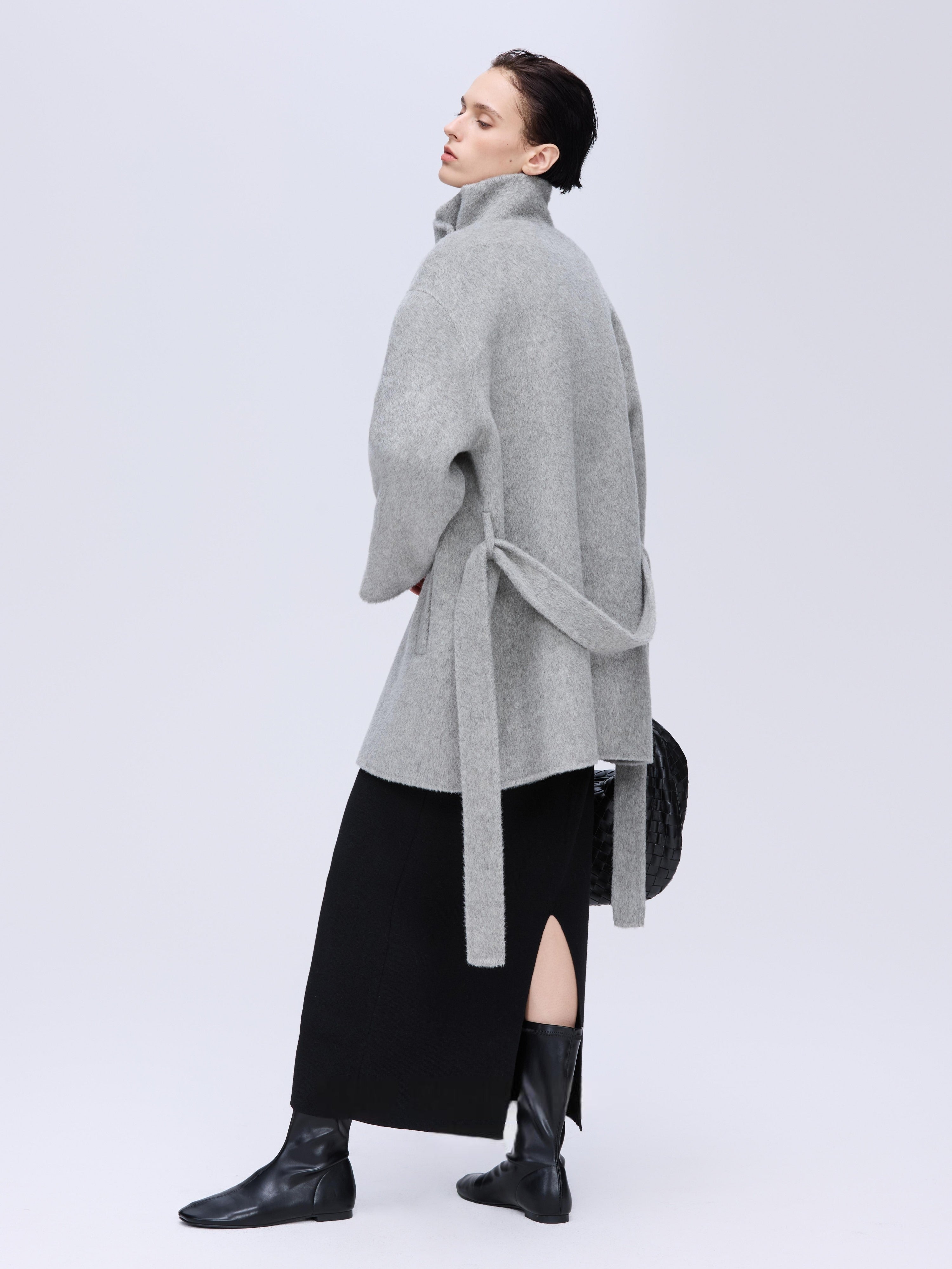 High-Neck Belted Wool Coat - Grey