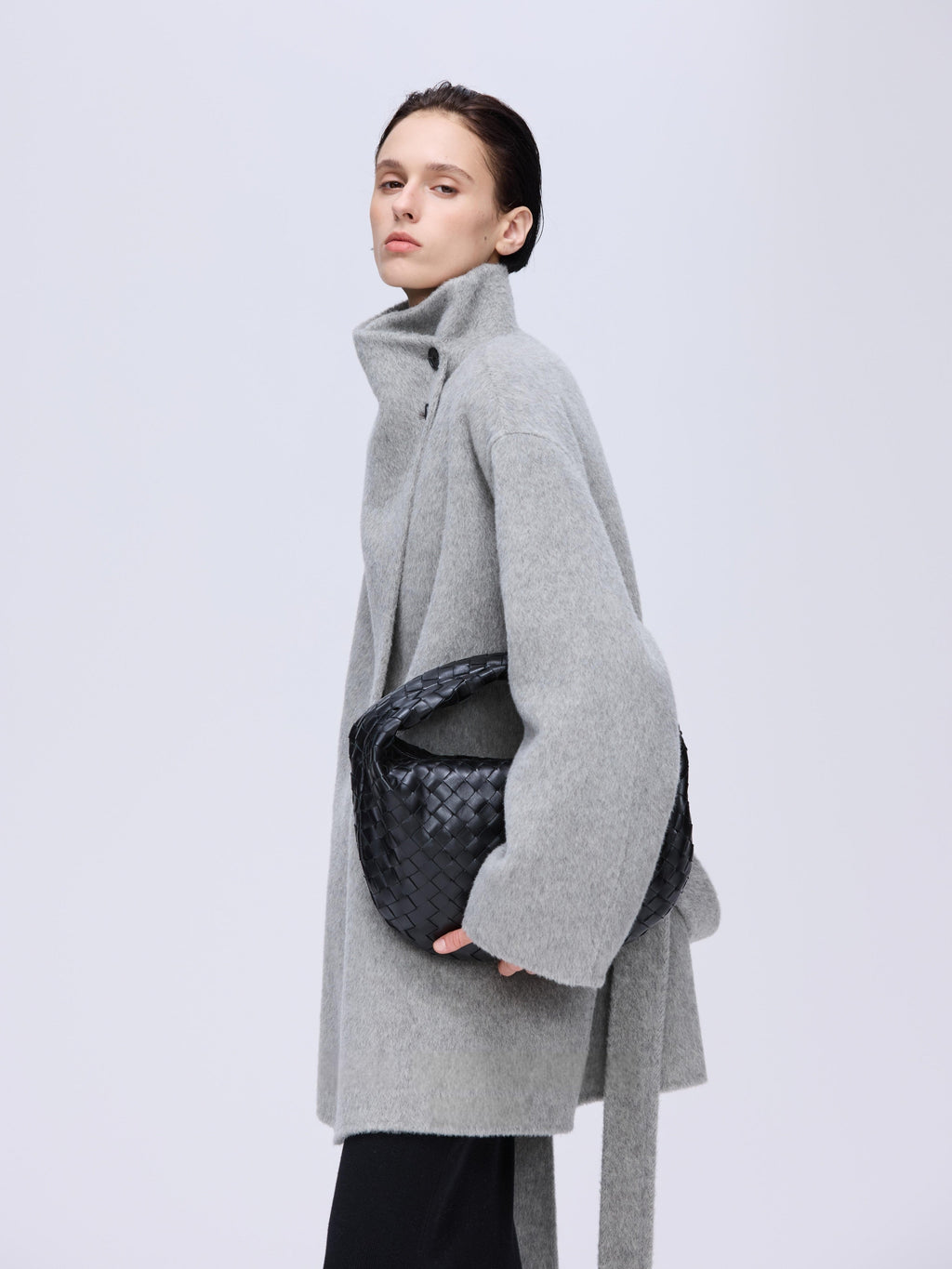 High-Neck Belted Wool Coat - Grey