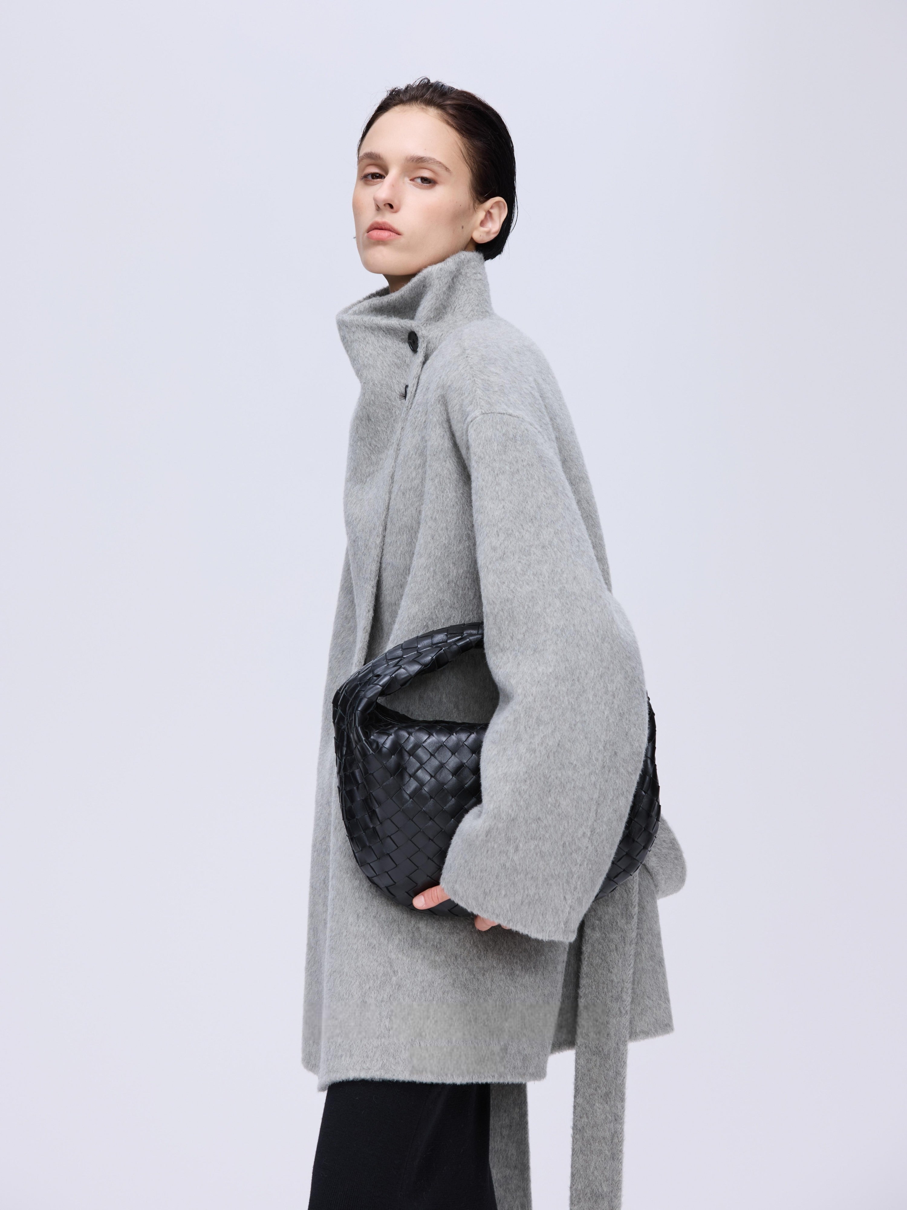 High-Neck Belted Wool Coat - Grey