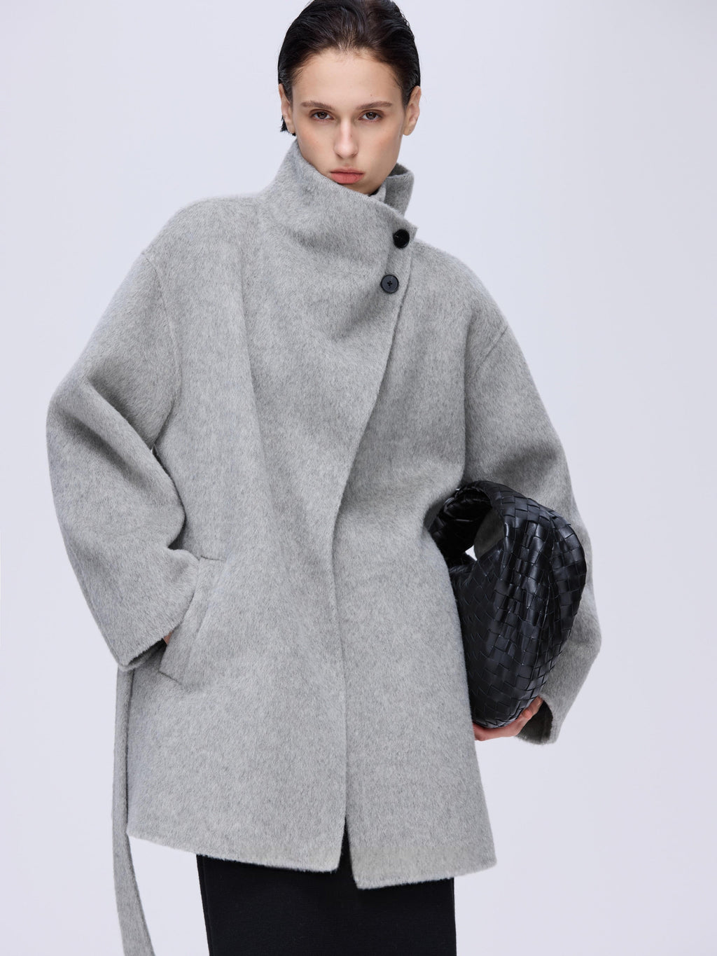 High-Neck Belted Wool Coat - Grey