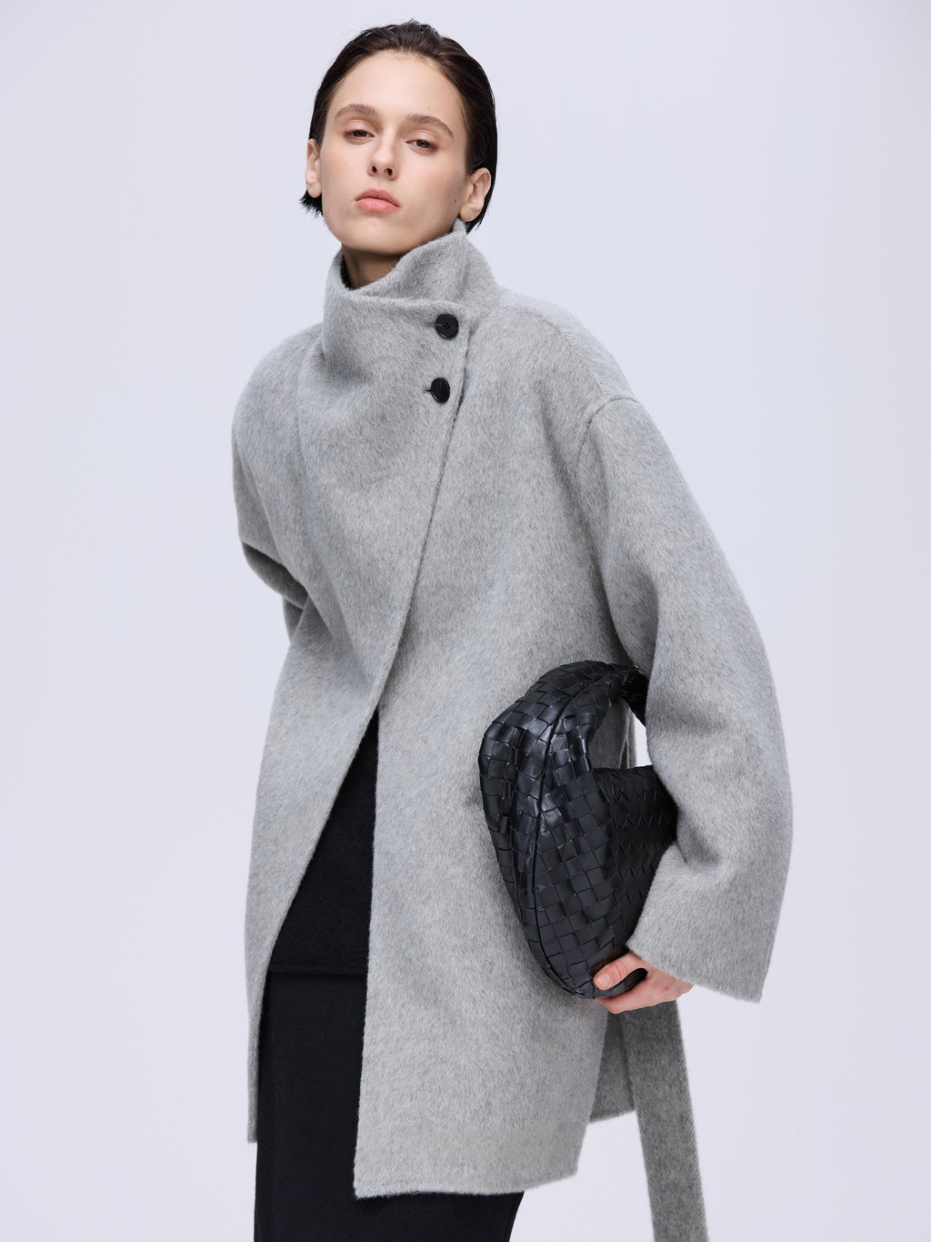 High-Neck Belted Wool Coat - Grey