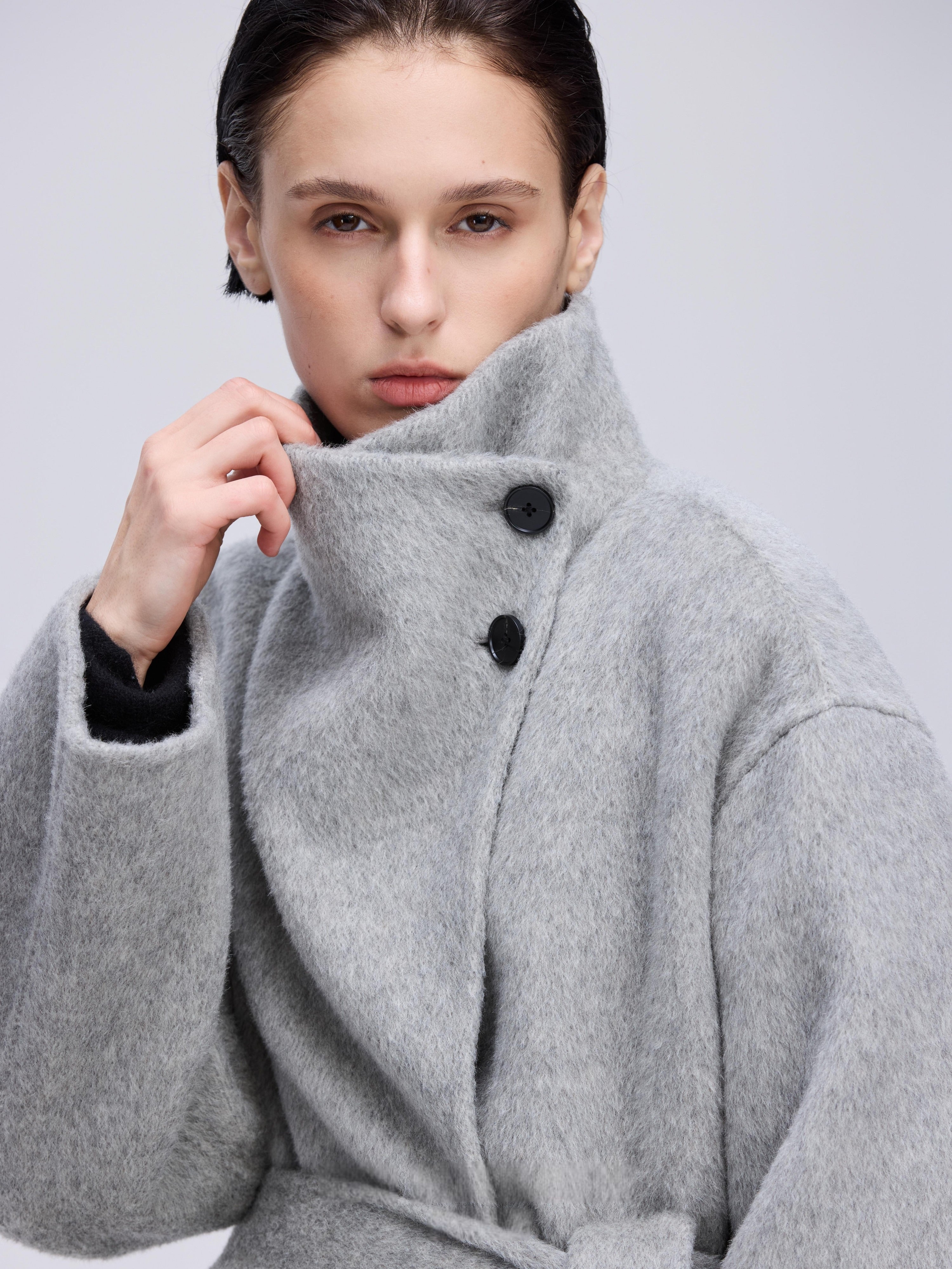 High-Neck Belted Wool Coat - Grey