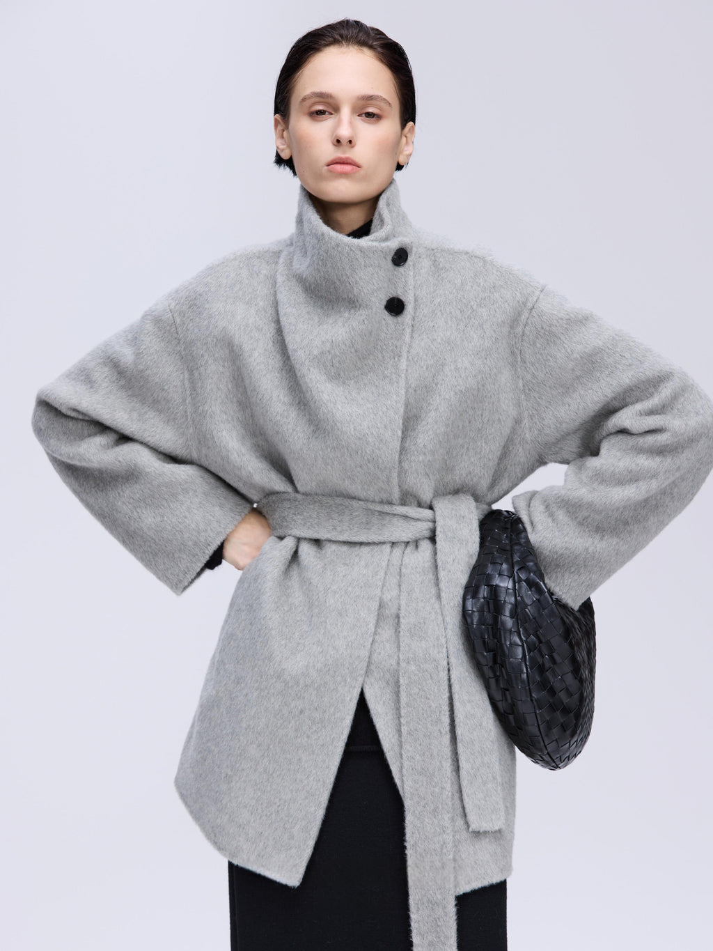High-Neck Belted Wool Coat - Grey