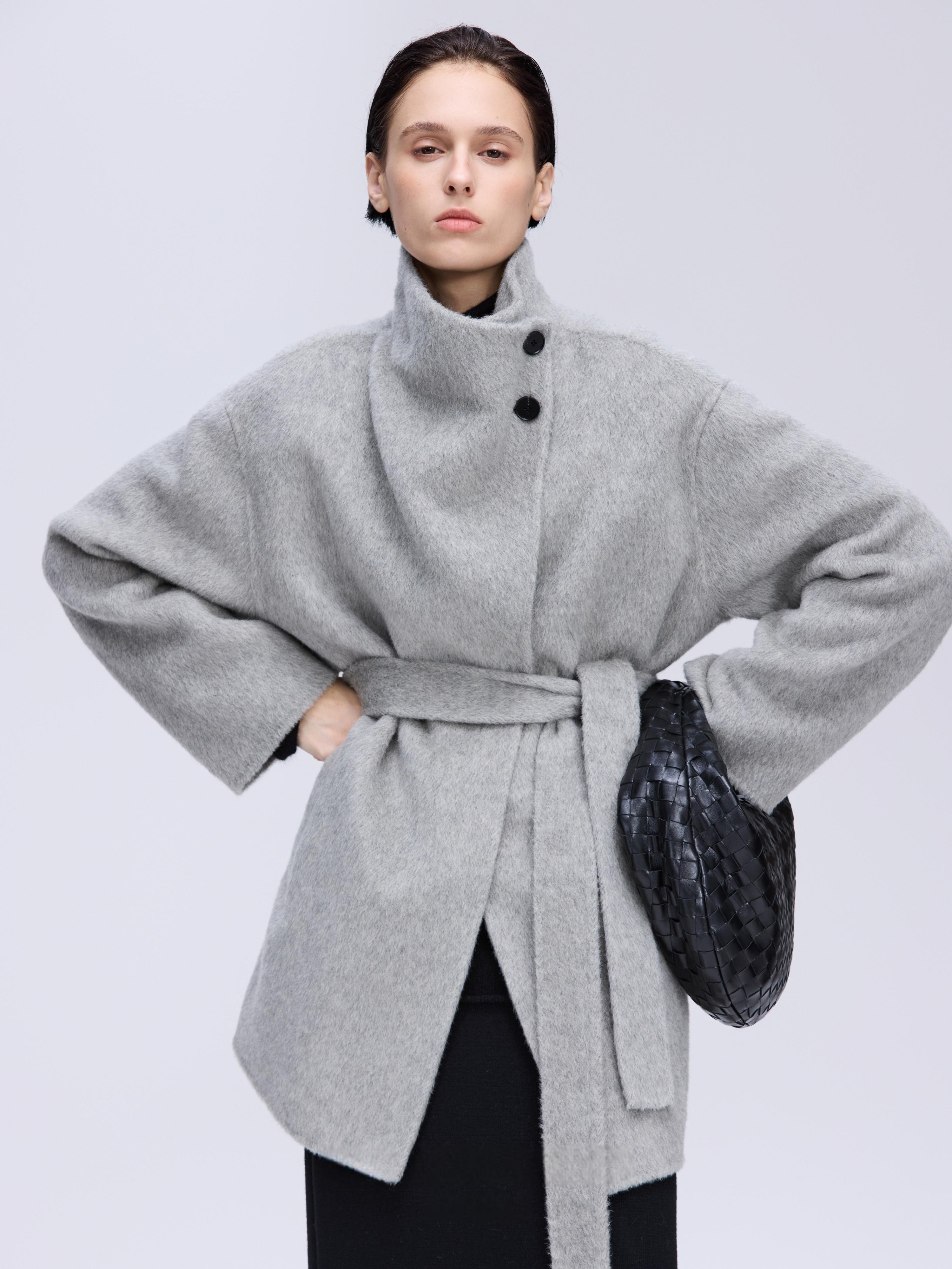 High-Neck Belted Wool Coat - Grey