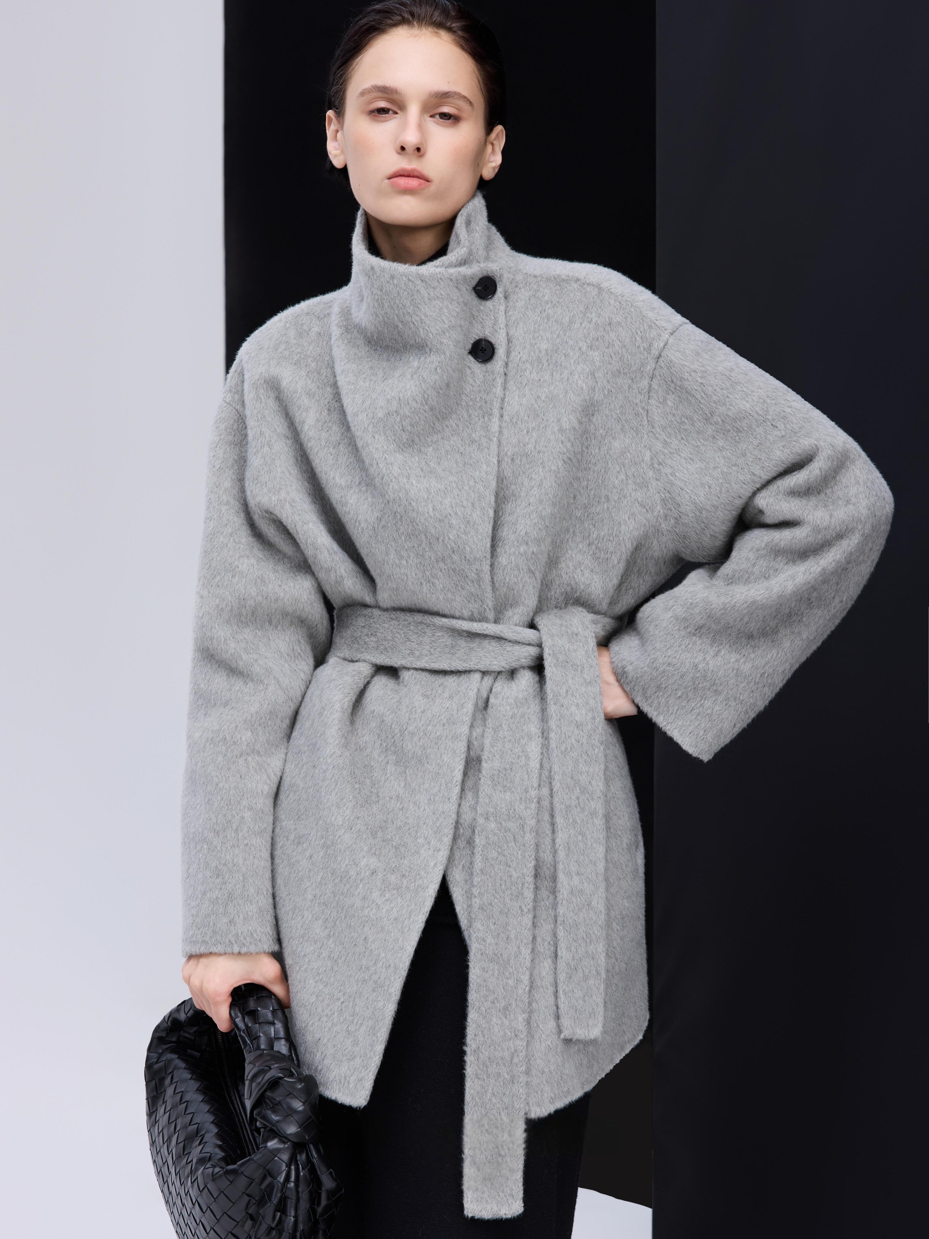 High-Neck Belted Wool Coat - Grey