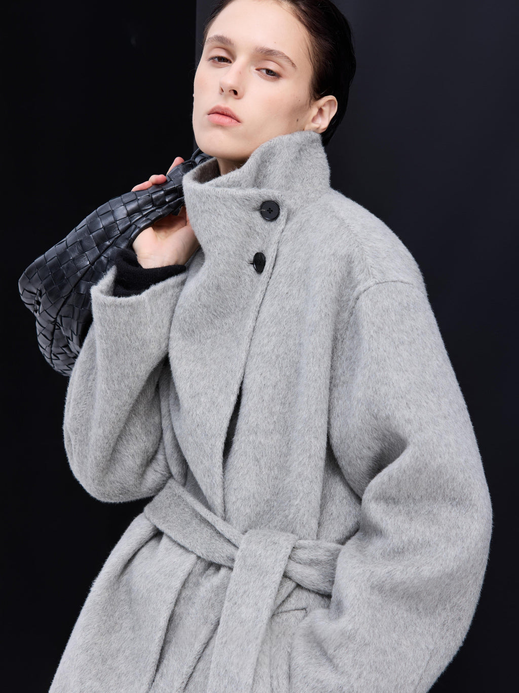 High-Neck Belted Wool Coat - Grey