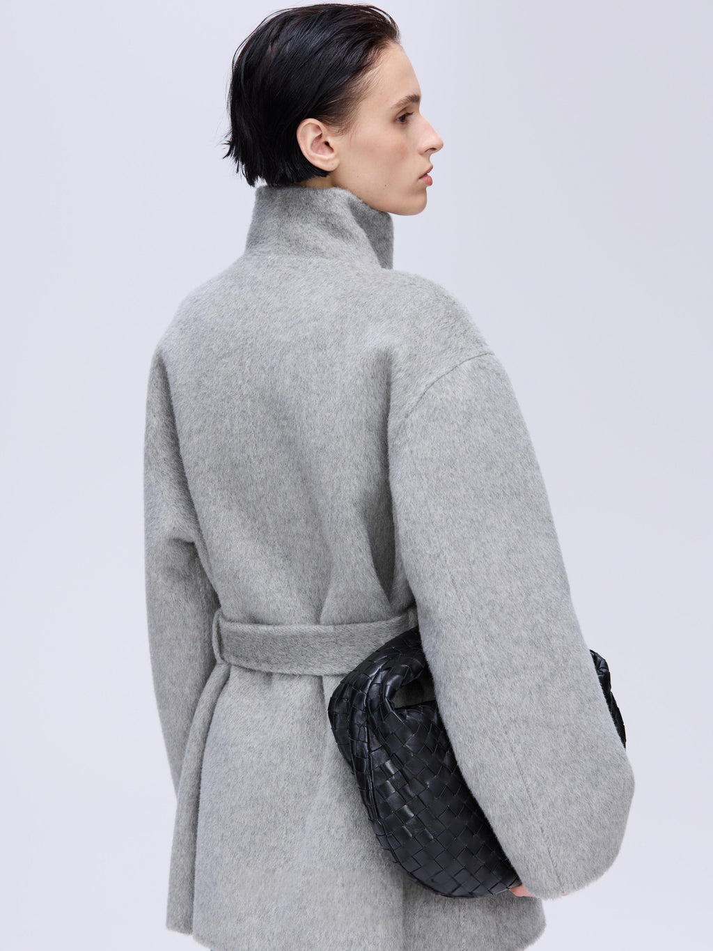 High-Neck Belted Wool Coat - Grey