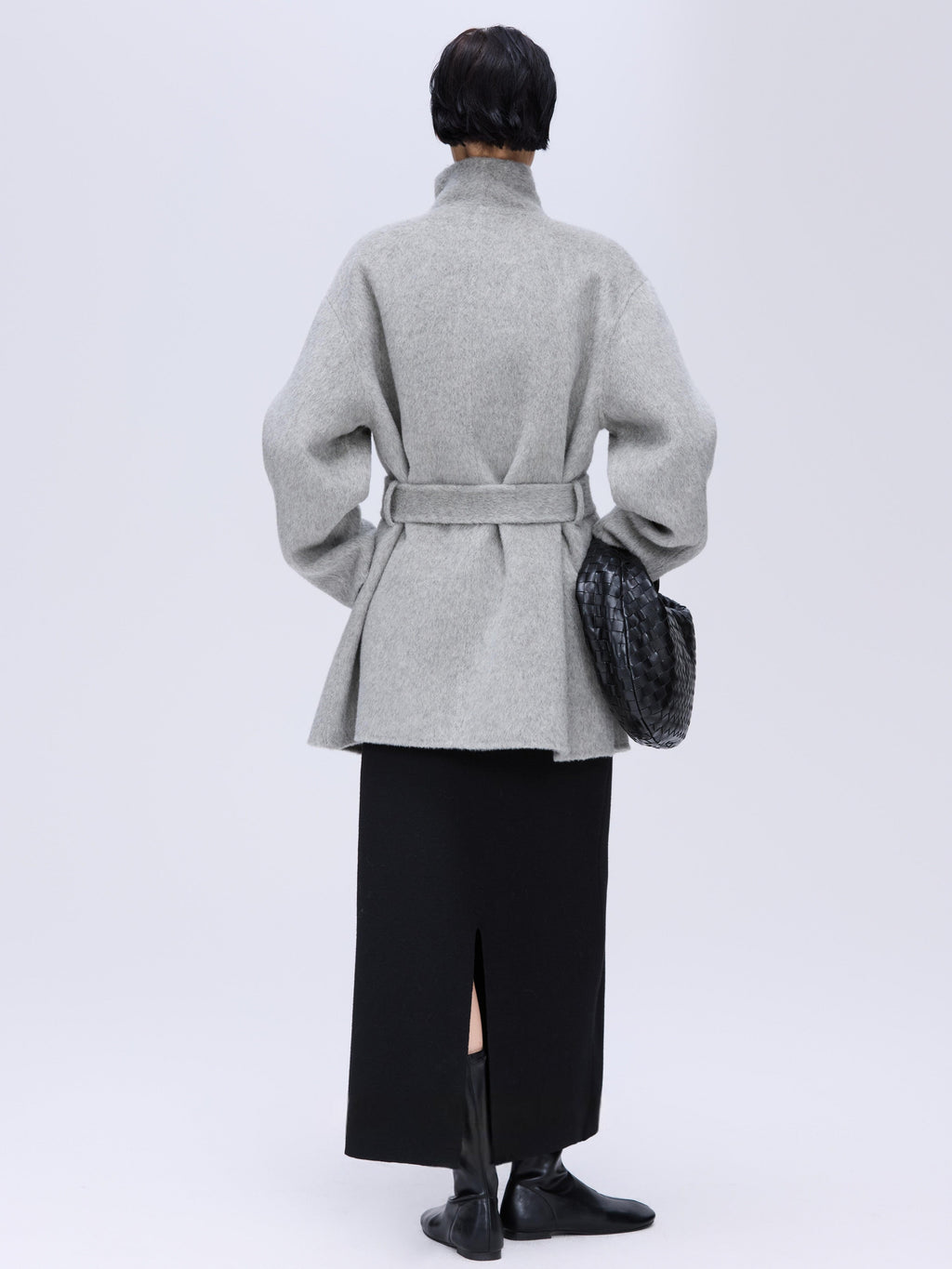 High-Neck Belted Wool Coat - Grey