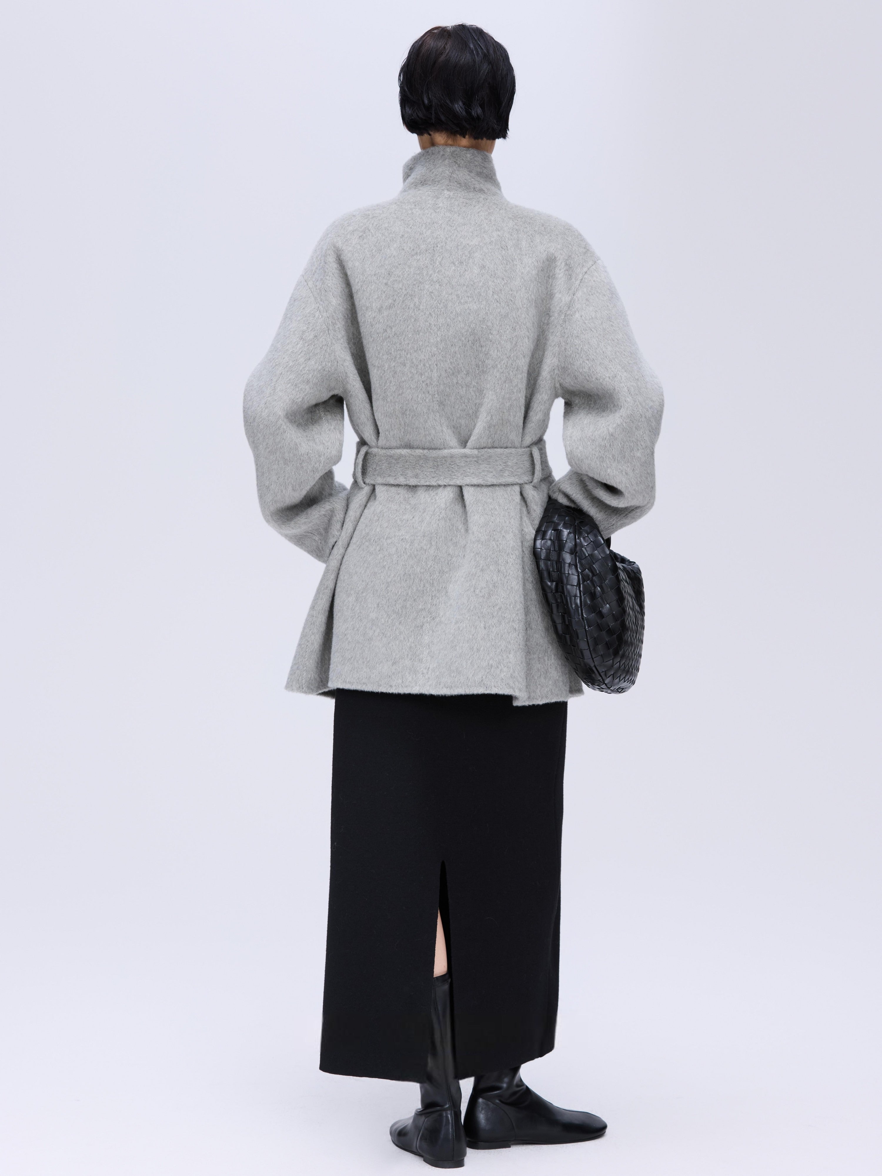 High-Neck Belted Wool Coat - Grey