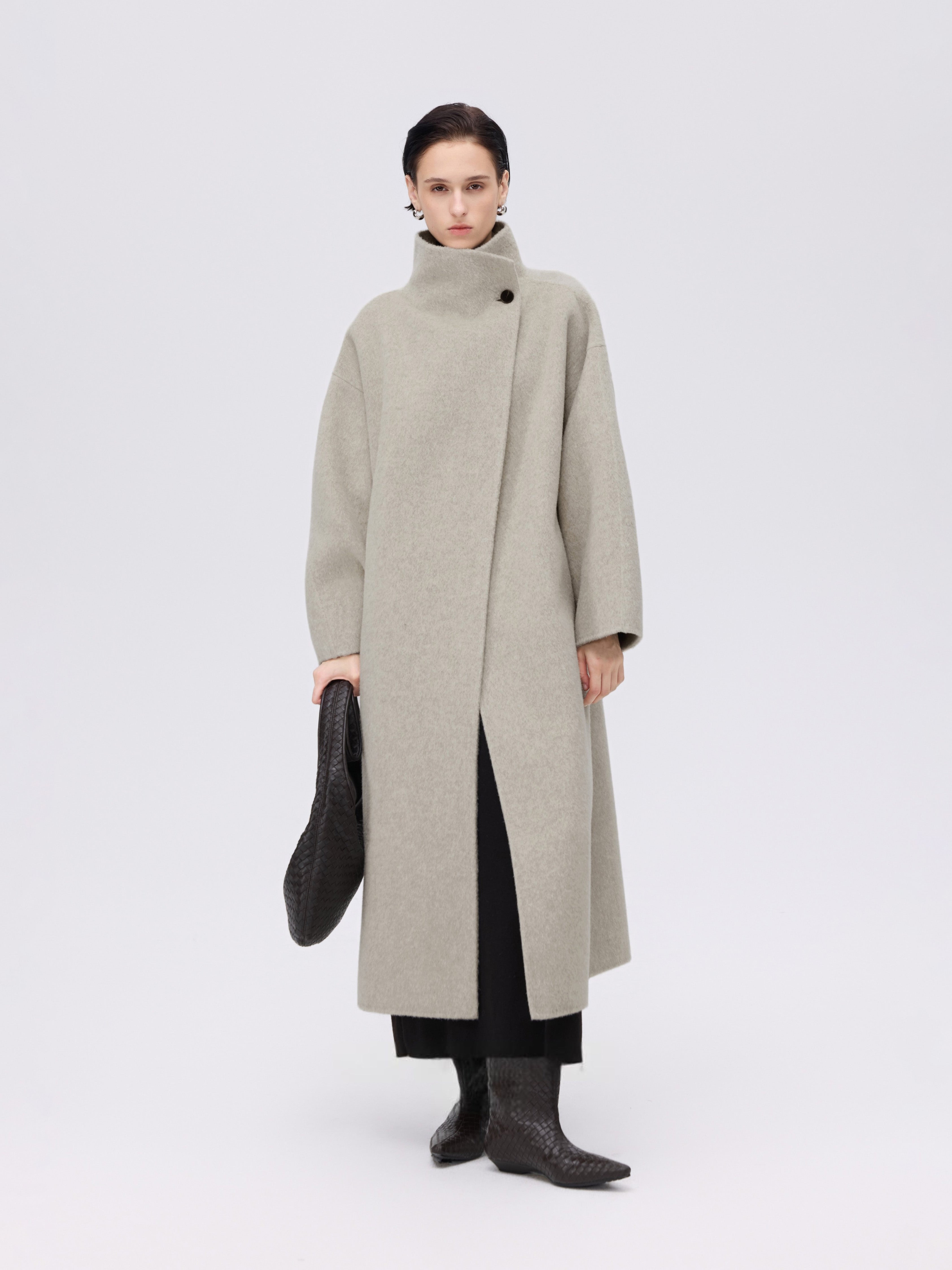 Asymmetric High-Neck Coat - Oat