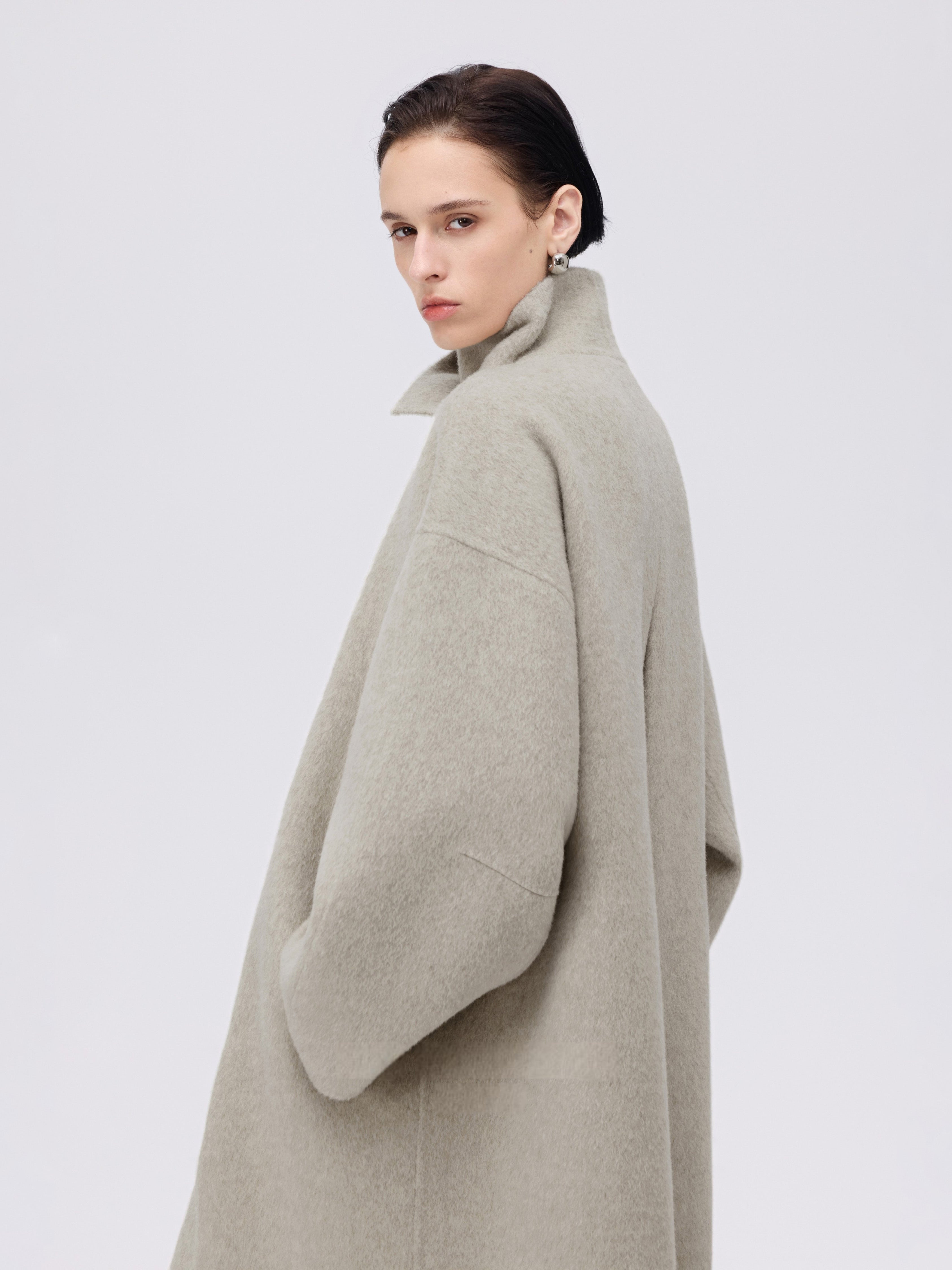 Asymmetric High-Neck Coat - Oat