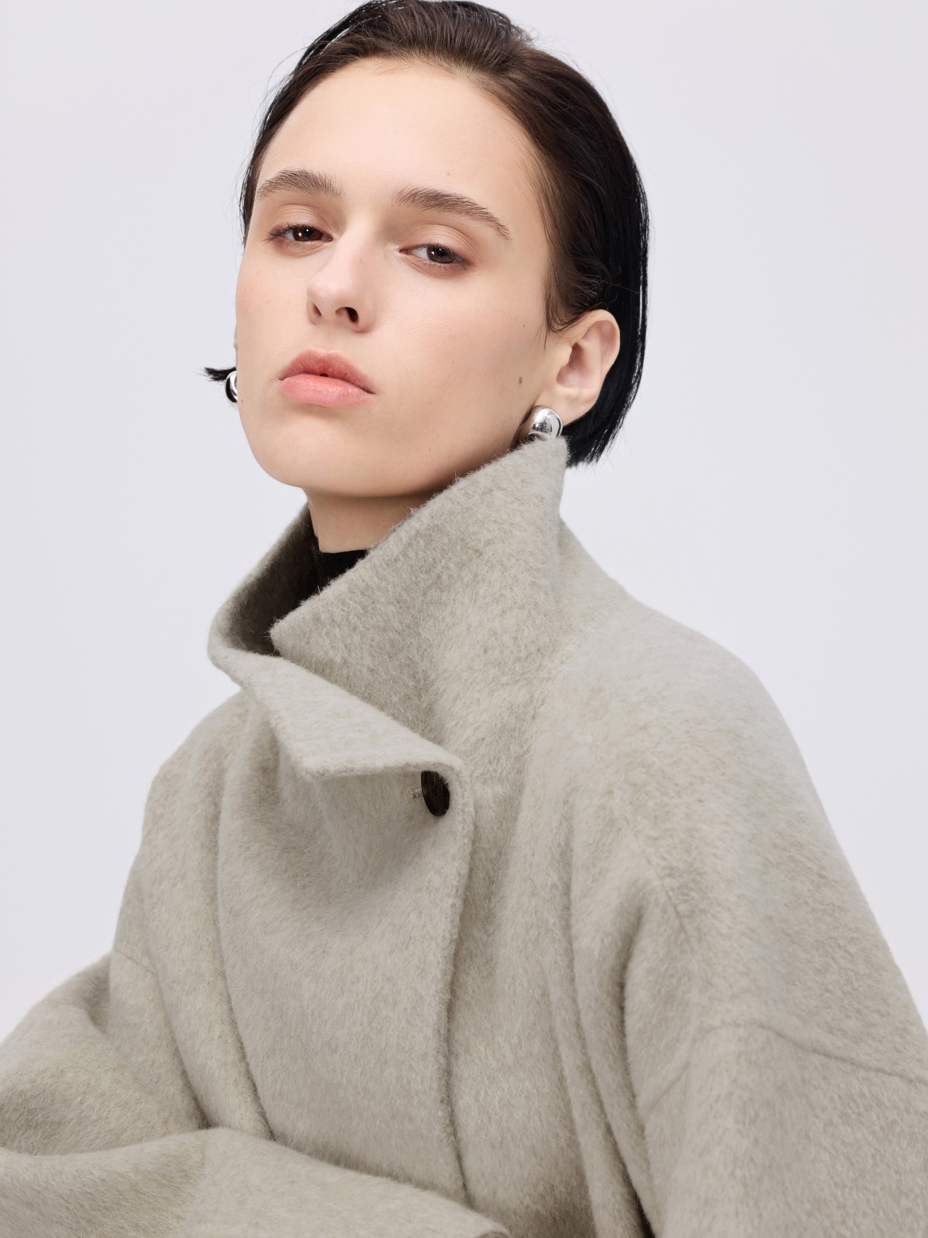 Asymmetric High-Neck Coat - Oat